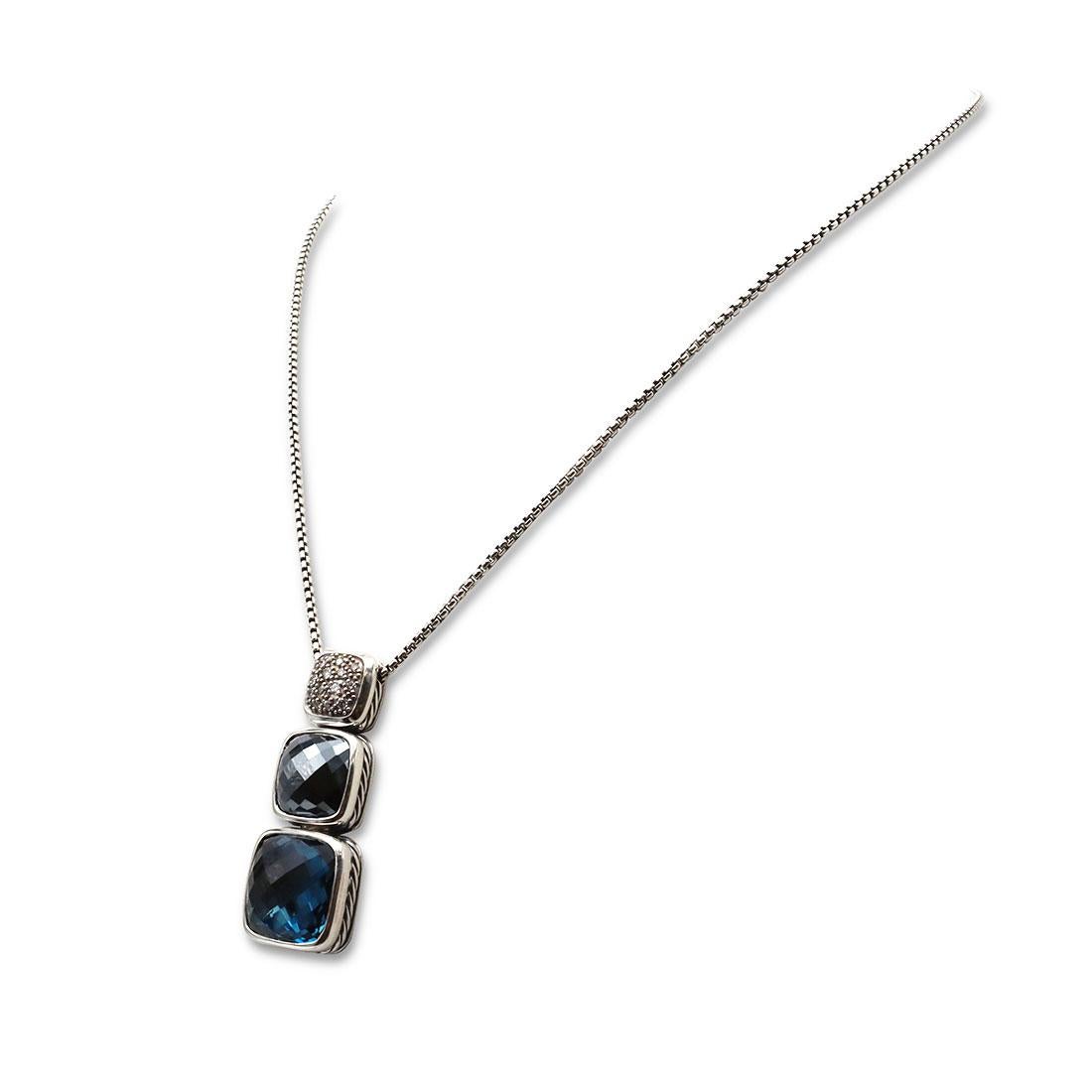 Authentic David Yurman Chiclet necklace crafted in sterling silver.  Featuring a three-tiered pendant set with faceted London blue topaz and hematite and pavé diamonds of an estimated .27 carats total weight.  The pendant hangs from a 17.5 inch