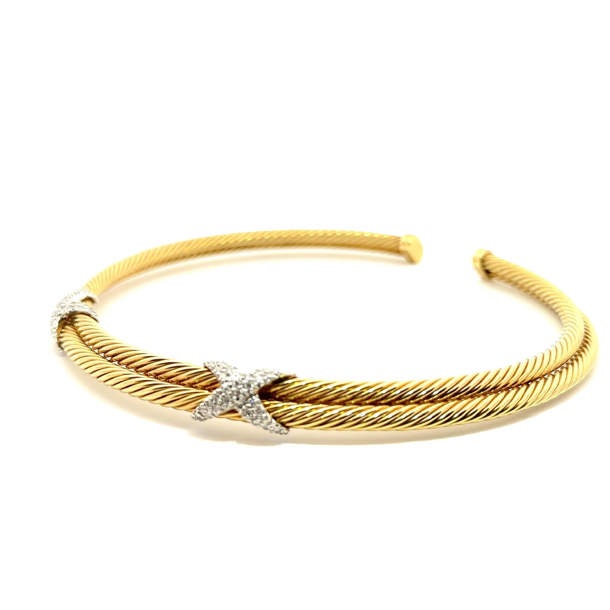 This is a beautifully designed and crafted original David Yurman Choker made in 18K yellow gold. The stunning necklace has a spiral rope-like look that intensifies its shine and amplifies what could be a basic choker with diamonds to a luxury