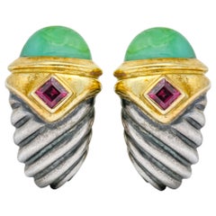 Vintage David Yurman Chrysoprase Garnet 14 Karat Gold Sterling Silver Earrings