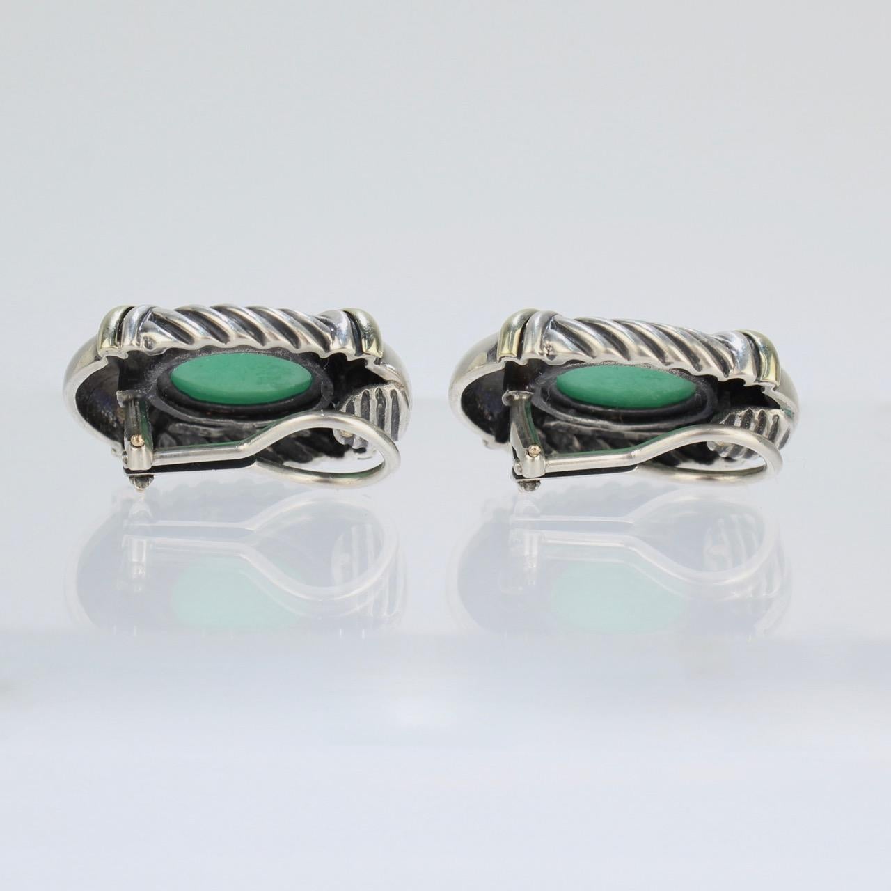 Oval Cut David Yurman Chrysoprase, Sterling Silver and 14 Karat Clip Earrings