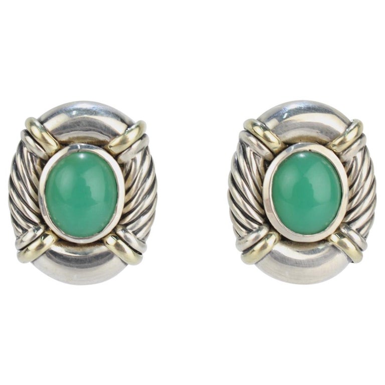 David Yurman Chrysoprase, Sterling Silver and 14 Karat Clip Earrings For Sale at 1stDibs david