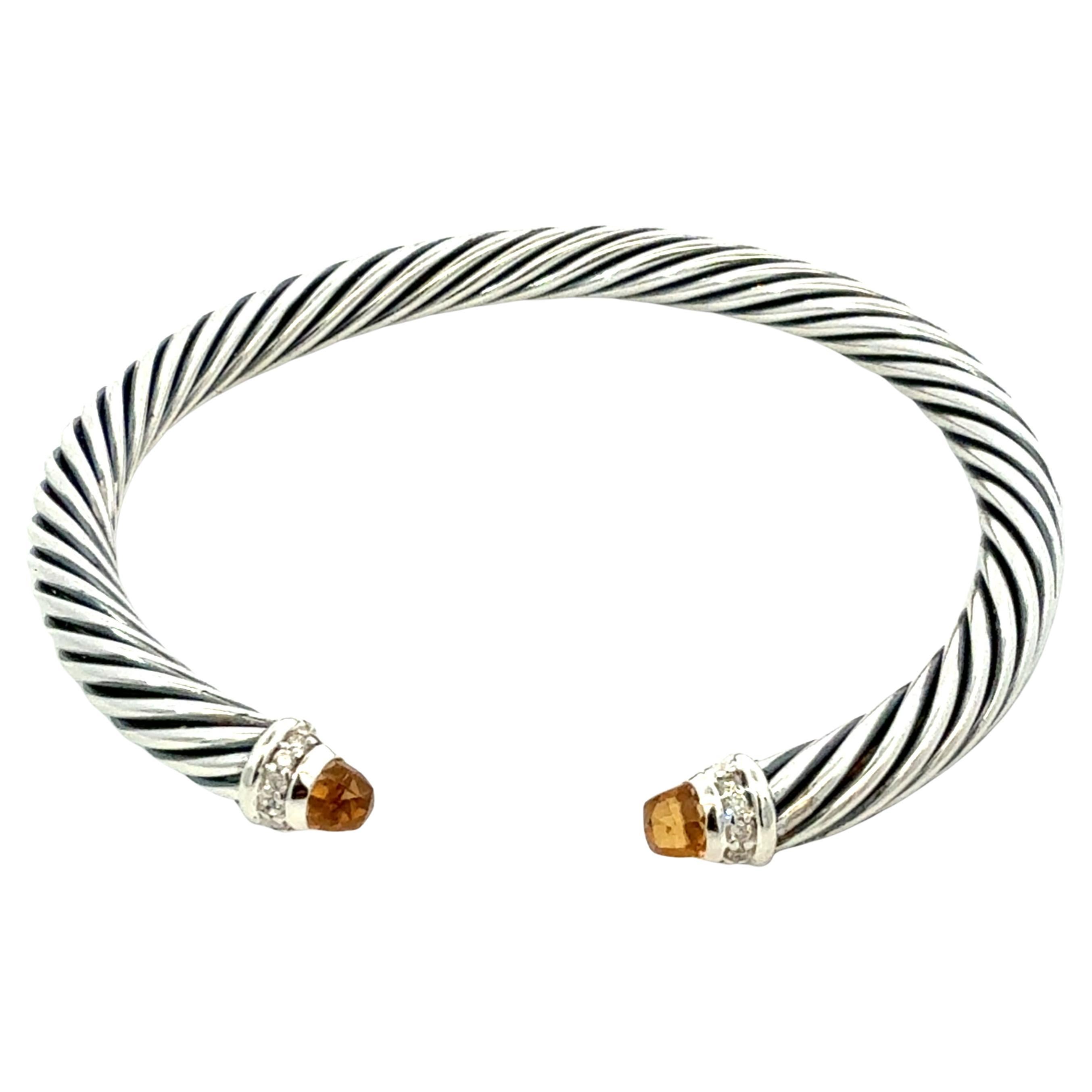David Yurman Citrine and Diamond 5mm Cuff Bracelet Silver Estate