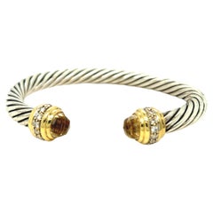 Retro David Yurman Citrine and Diamond 7mm Cable Cuff Bracelet Silver and 18K Gold