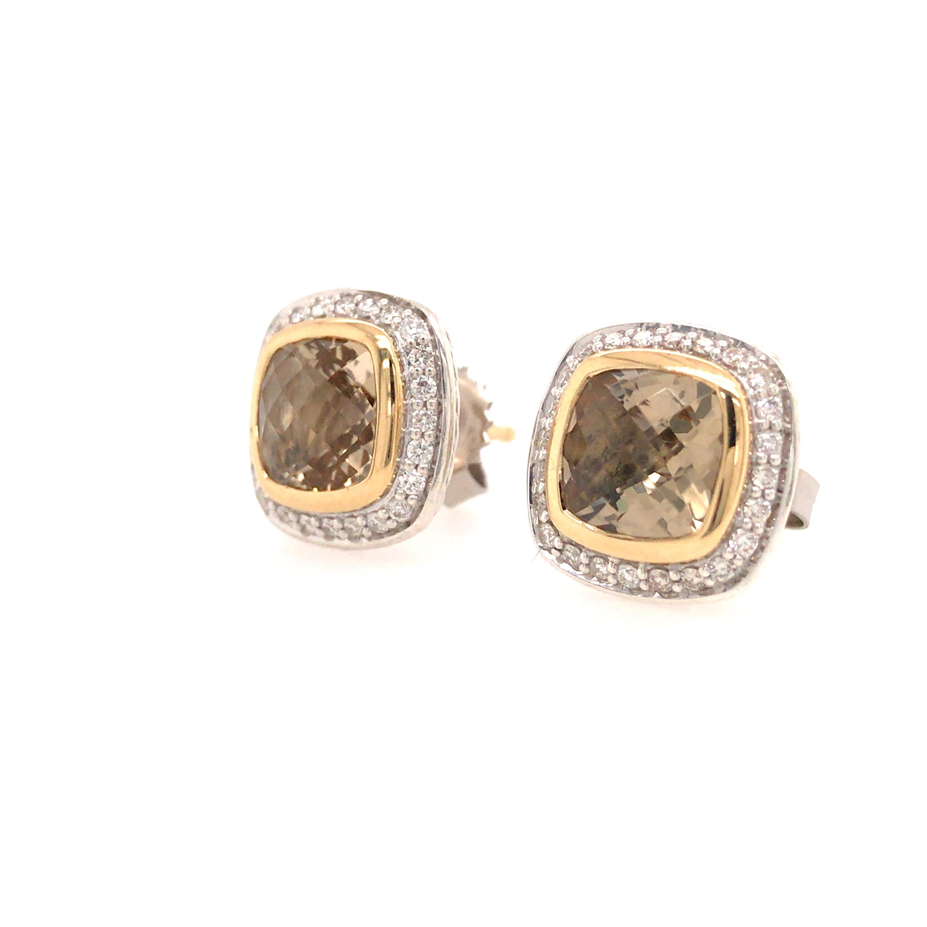 David Yurman Citrine and Diamond Earring in 18K Yellow Gold and Sterling Silver.  Round Brilliant Cut Diamonds weighing .24 carat total weight, G-H in color and VS-SI in clarity are expertly set.  The Earrings measure 1/2 inch in length and width. 