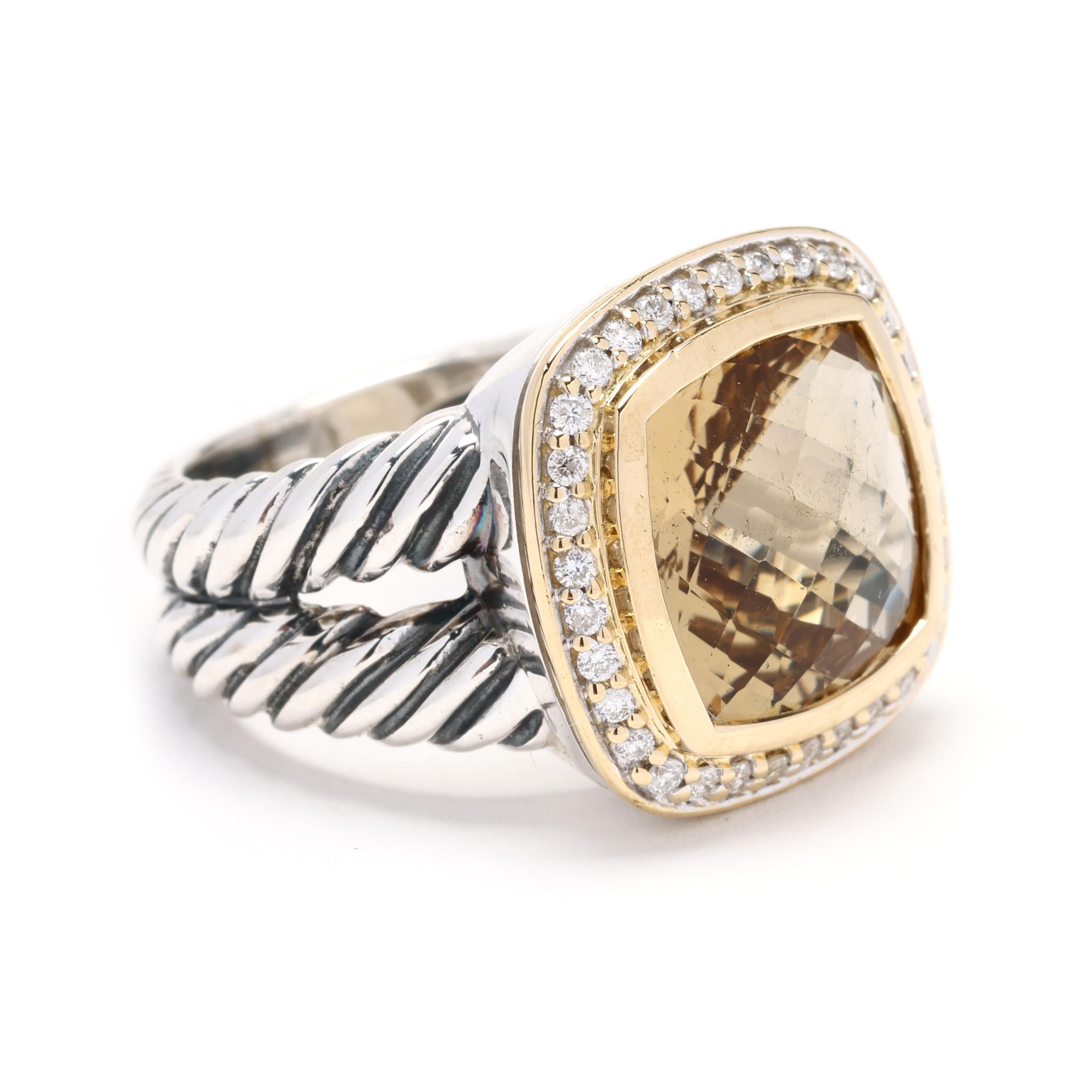 Add a touch of luxury to your collection with this stunning David Yurman ring from the Albion Collection, featuring a vibrant citrine gemstone surrounded by sparkling diamonds. Crafted in a striking combination of sterling silver and 18k yellow