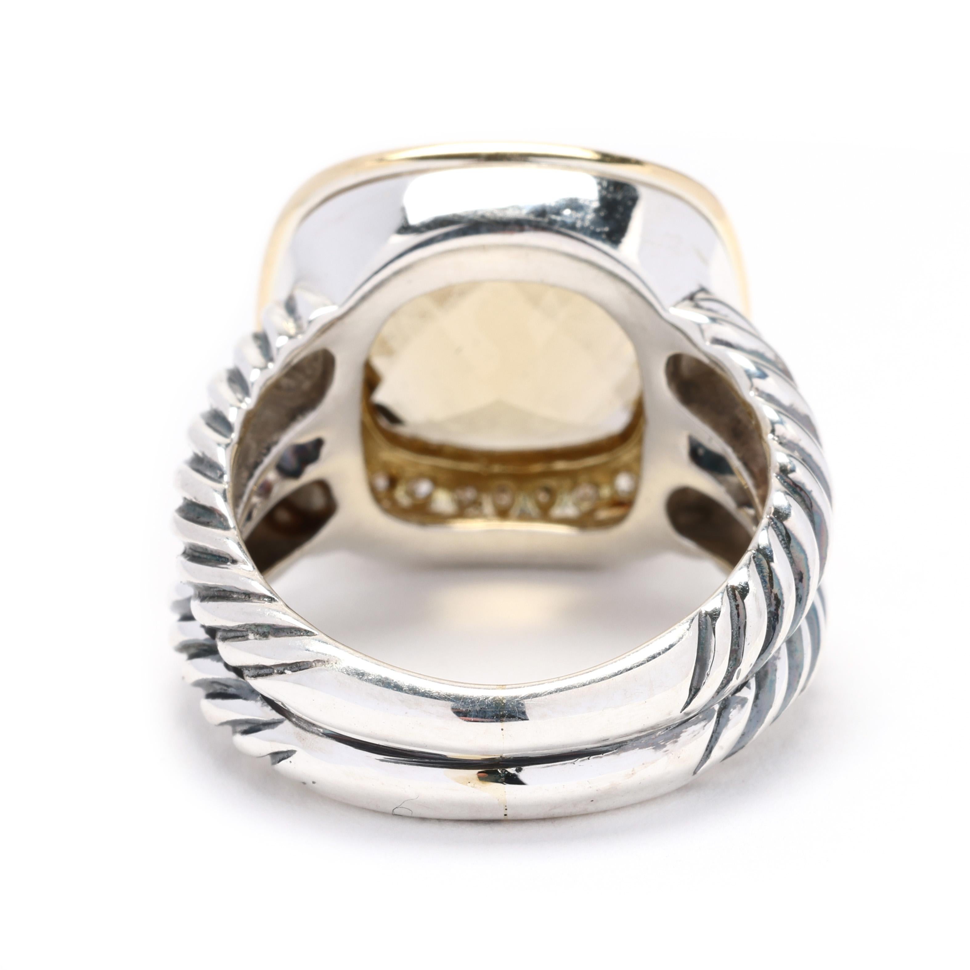 Cushion Cut David Yurman Citrine and Diamond Ring, Sterling Silver 18k Yellow Gold, Albion