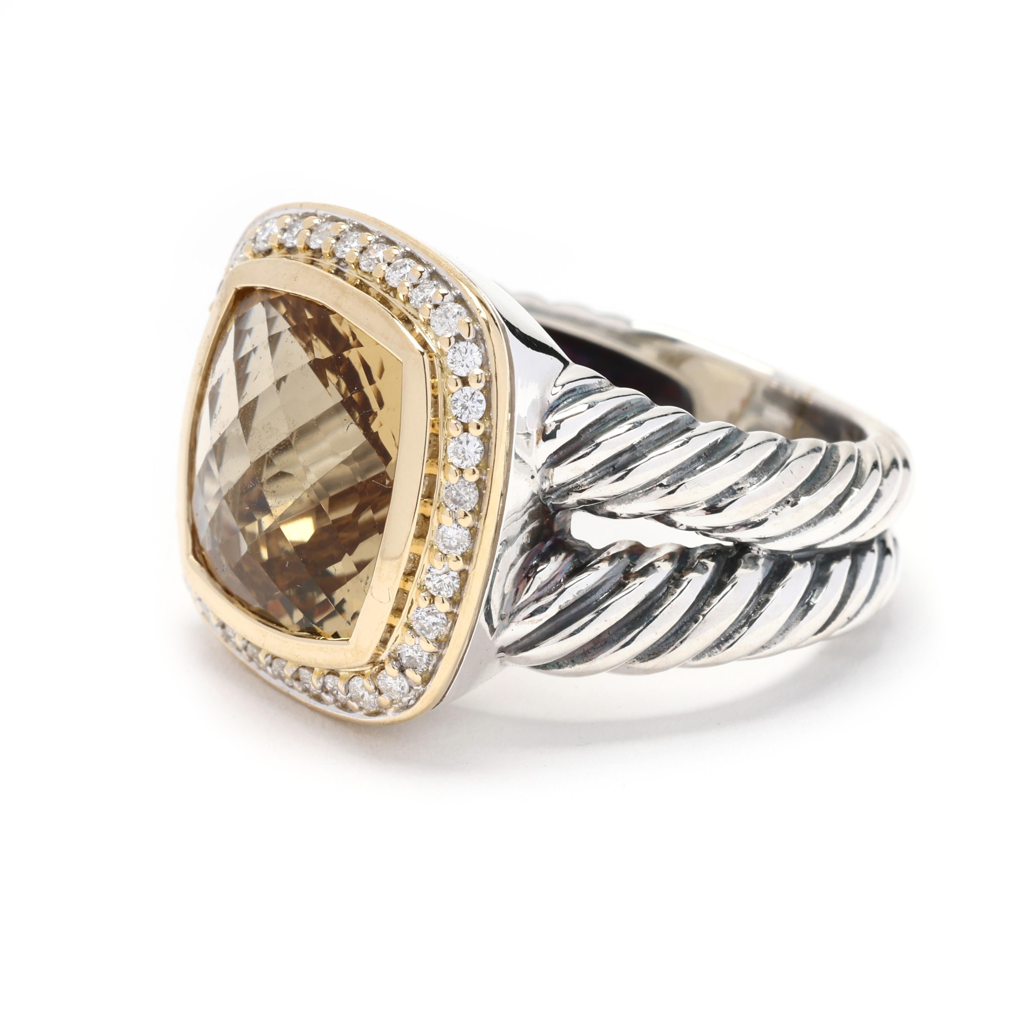 David Yurman Citrine and Diamond Ring, Sterling Silver 18k Yellow Gold, Albion In Good Condition In McLeansville, NC
