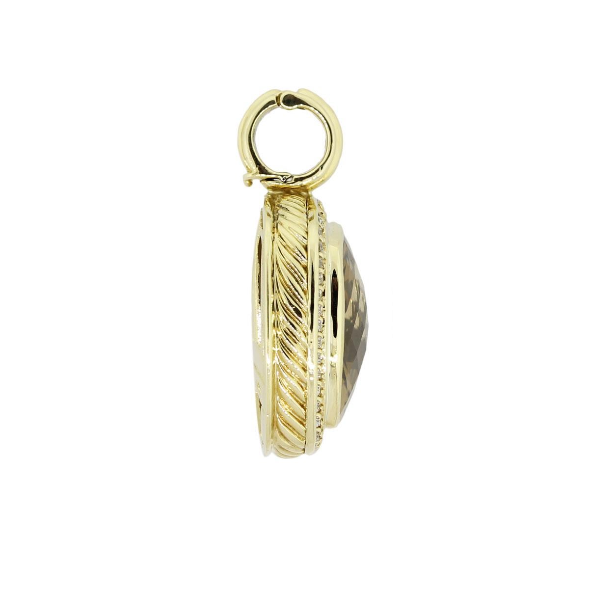 Designer: David Yurman
Material: 18k yellow gold
Diamond Details: Round brilliant diamonds. Diamonds are G/H in color and VS in clarity
Gemstone Details: Square shape citrine measuring approximately 0.77″ x 0.77″
Measurements: 1.50″ x 0.45″ x