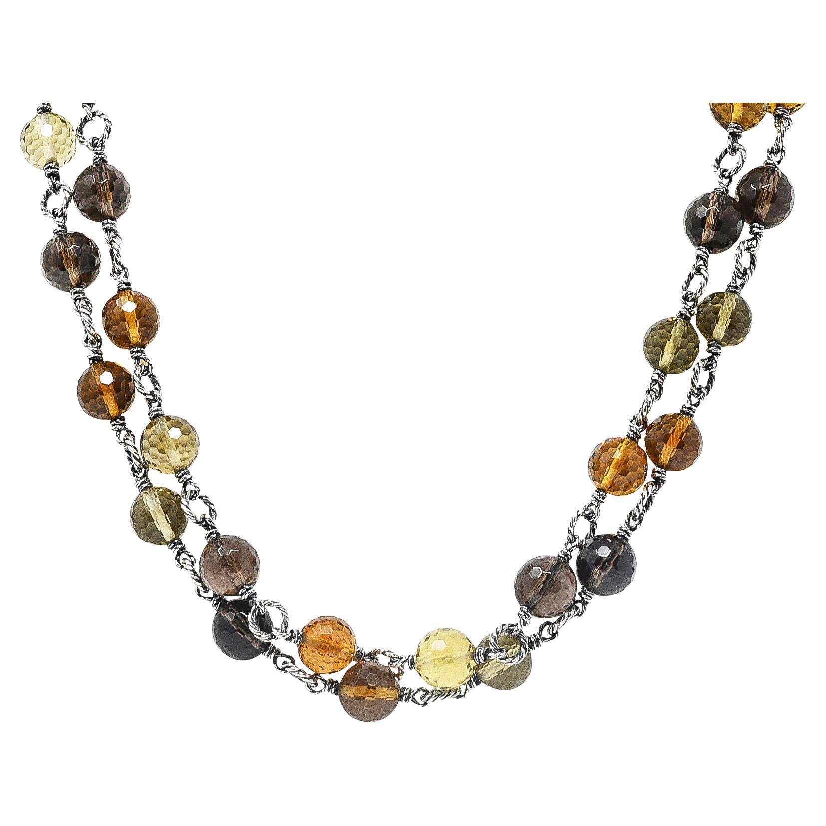 David Yurman Citrine Smoky Quartz Rock Crystal Sterling Silver Bead Station Neck