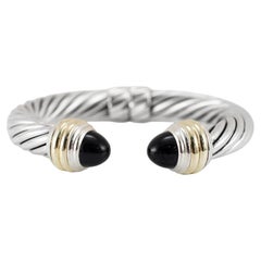 David Yurman Classic Cable 10MM 14K Gold Silver Black Onyx Cuff Bangle Bracelet