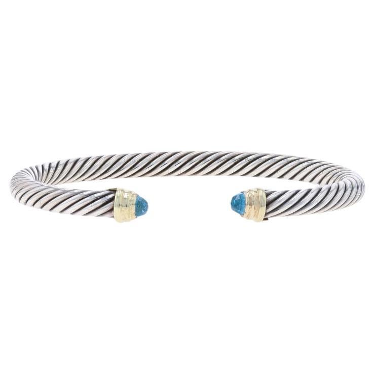 David Yurman Classic Cable 5mm Blue Topaz Cuff Bracelet 6" Sterling 925 Gold 14k