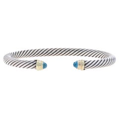 David Yurman Classic Cable 5mm Blue Topaz Cuff Bracelet 6" Sterling 925 Gold 14k