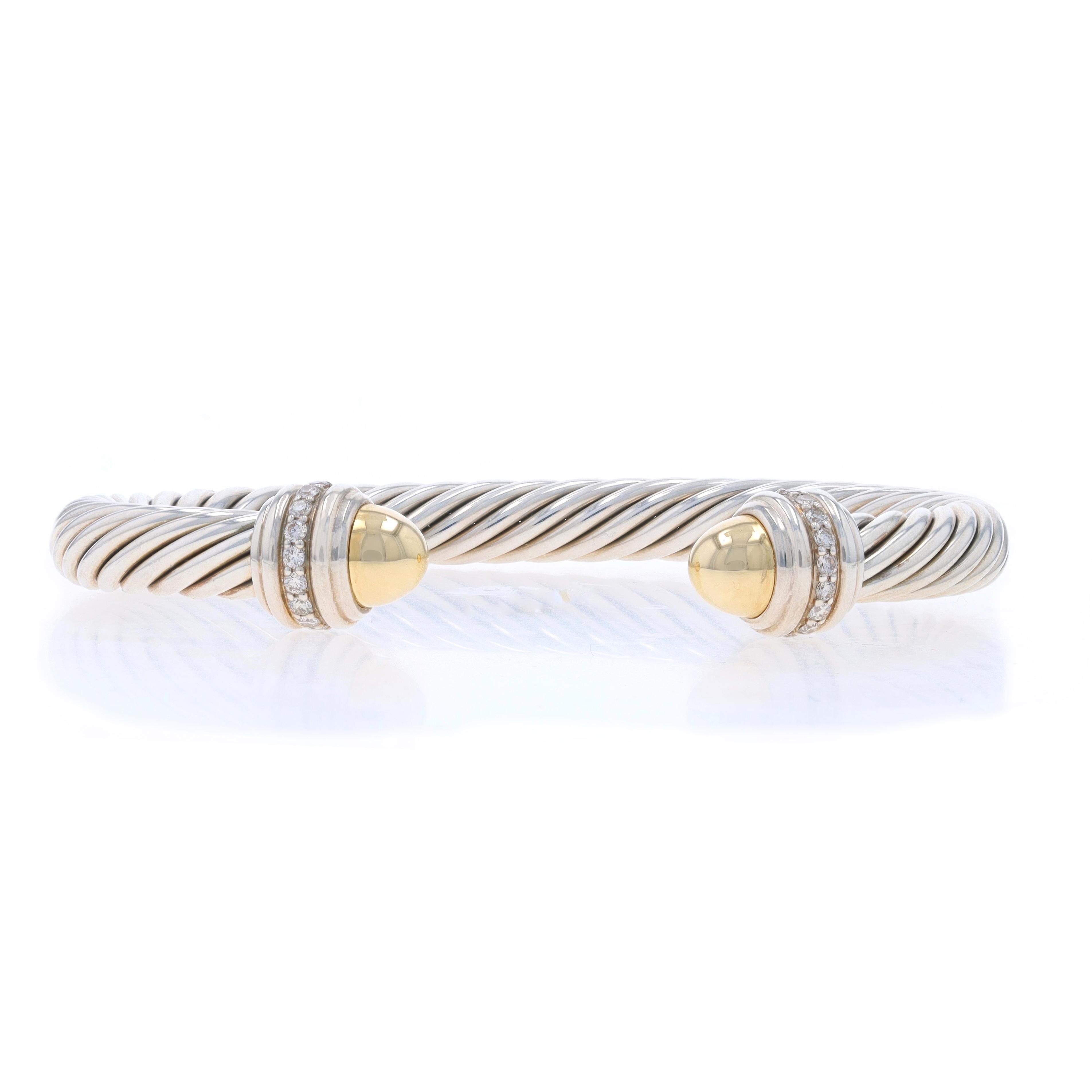 Retail Price: $1800

Brand: David Yurman
Collection: Classic Cable
Design:  7mm Cuff

Metal Content: Sterling Silver & 14k Yellow Gold

Stone Information

Natural Diamonds
Carat(s): .48ctw
Cut: Round Brilliant

Total Carats: 0.48ctw

Style: