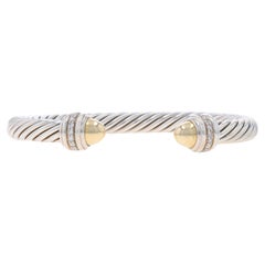 Used David Yurman Classic Cable 7mm Cuff Diamond Bracelet 6 3/4" Sterling 925 Gold14k
