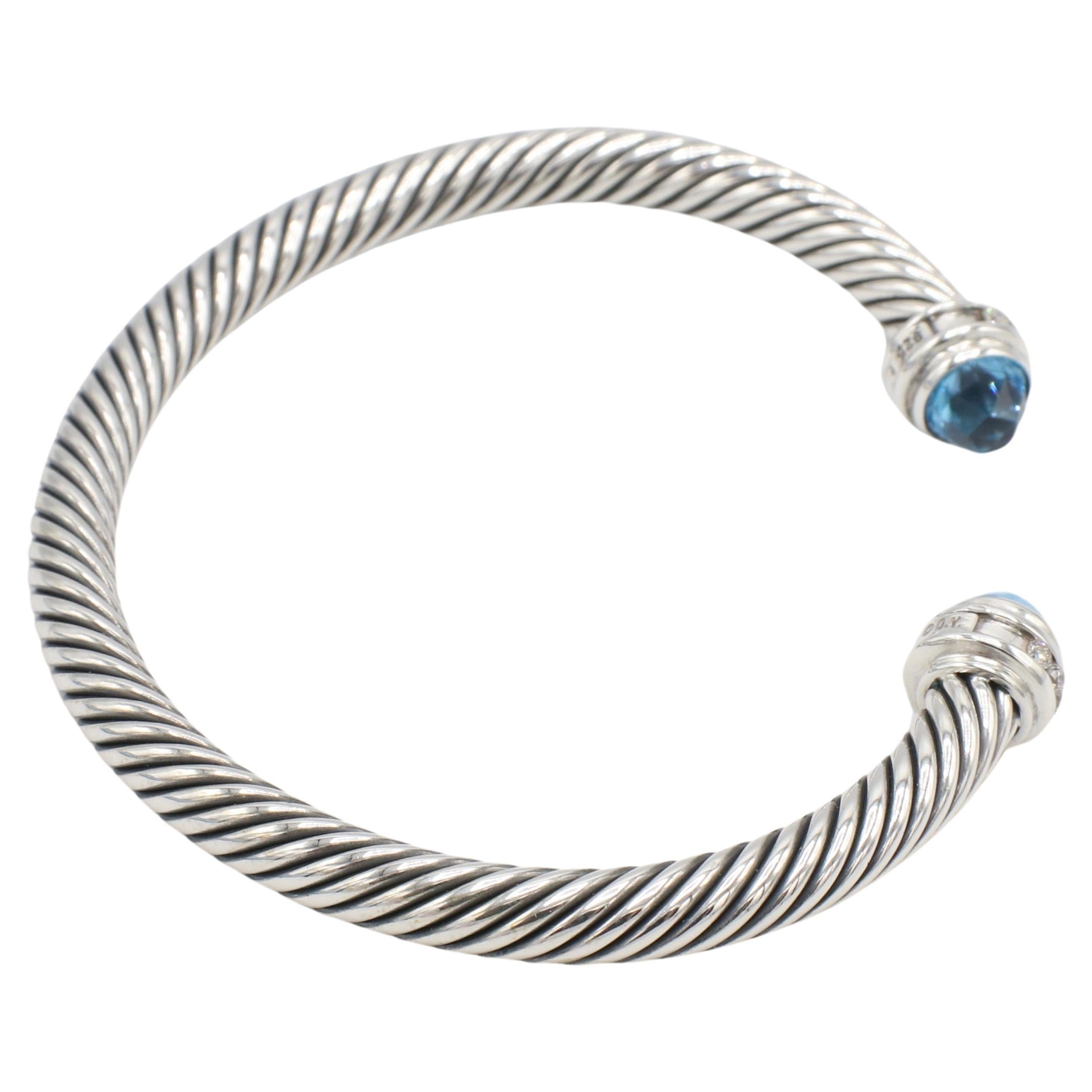 Modern David Yurman Classic Cable Bracelet Sterling Silver  Blue Topaz Natural Diamonds For Sale