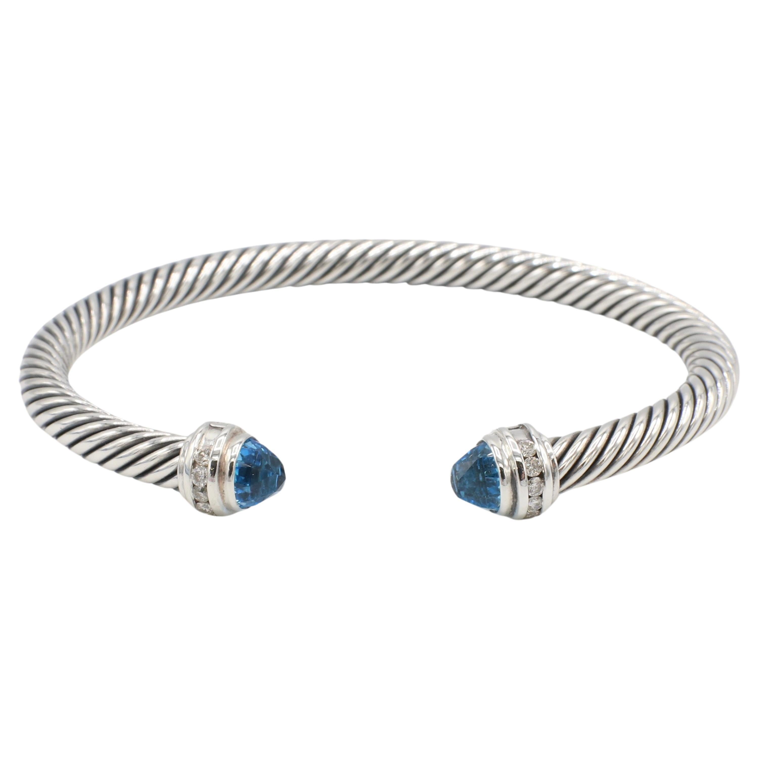 David Yurman Classic Cable Bracelet Sterling Silver  Blue Topaz Natural Diamonds