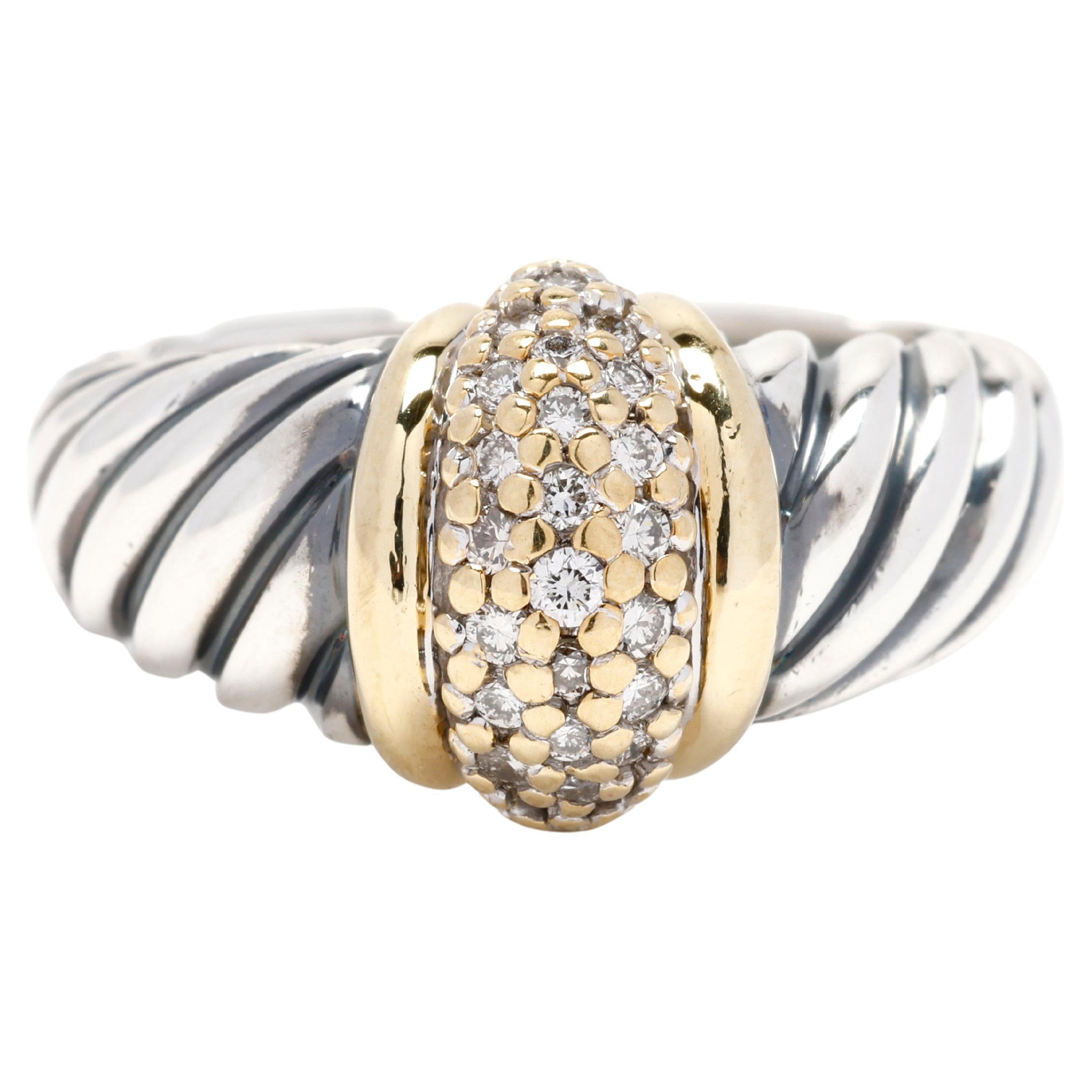 David Yurman Classic Cable Diamond Band Ring Or jaune 18k et argent sterling en vente