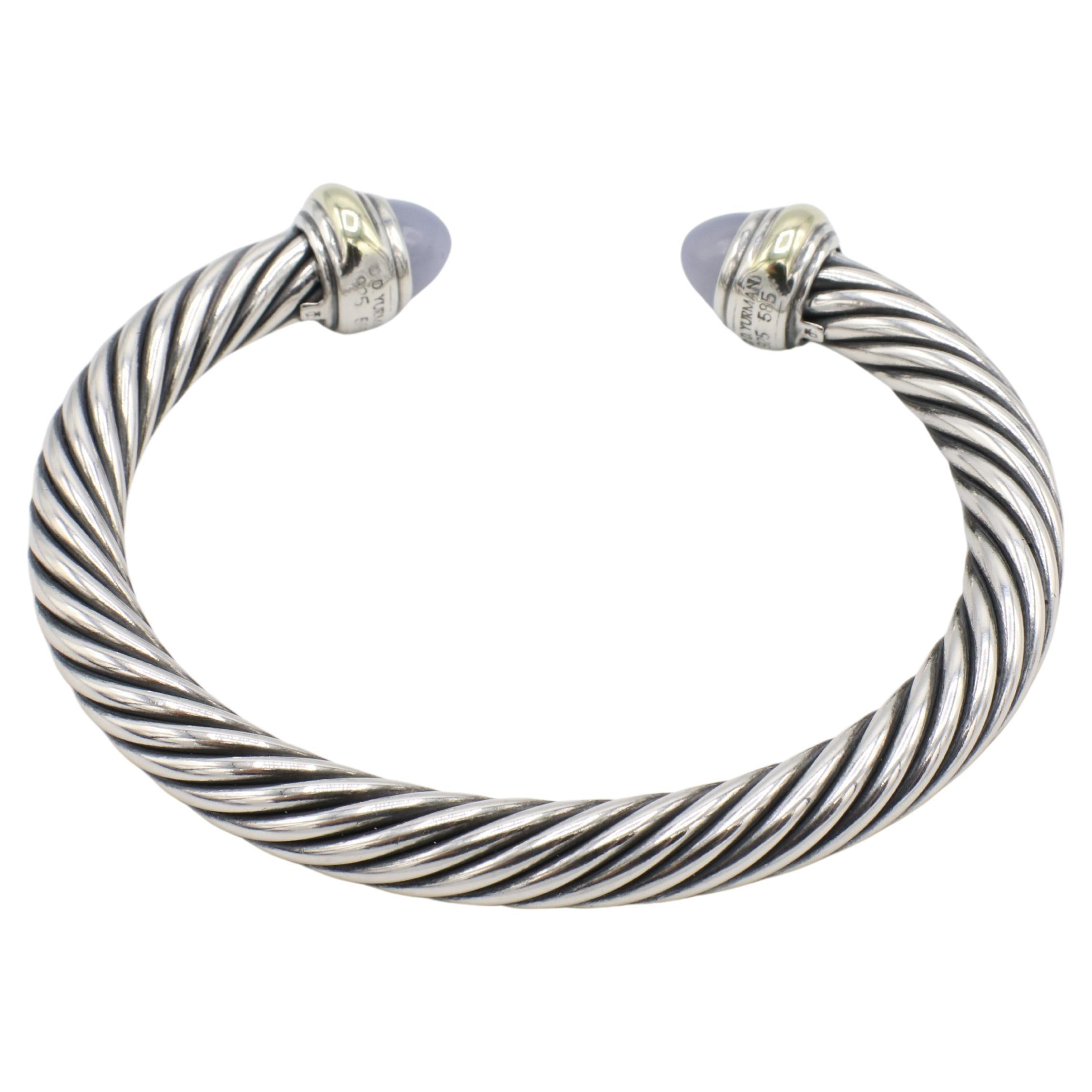 Cabochon David Yurman Classic Cable Sterling Silver & Gold Chalcedony Bangle Bracelet 7MM