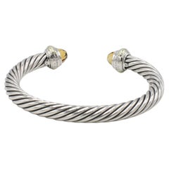 David Yurman Classic Cable Sterling Silver Gold Citrine Bangle Cuff Bracelet 7MM