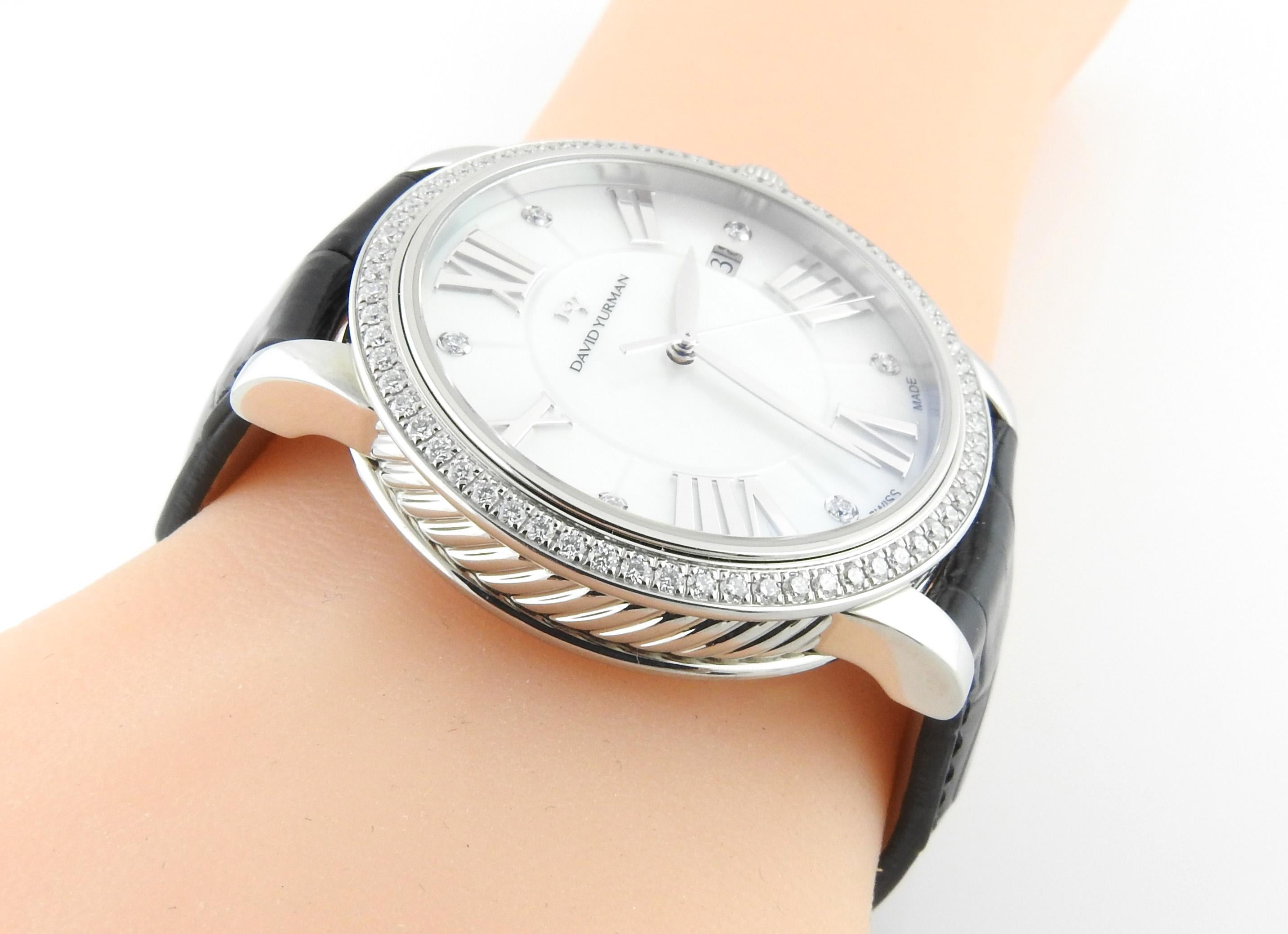 David Yurman Classic Stainless Steel Diamond Mother of Pearl Watch In Good Condition In Washington Depot, CT