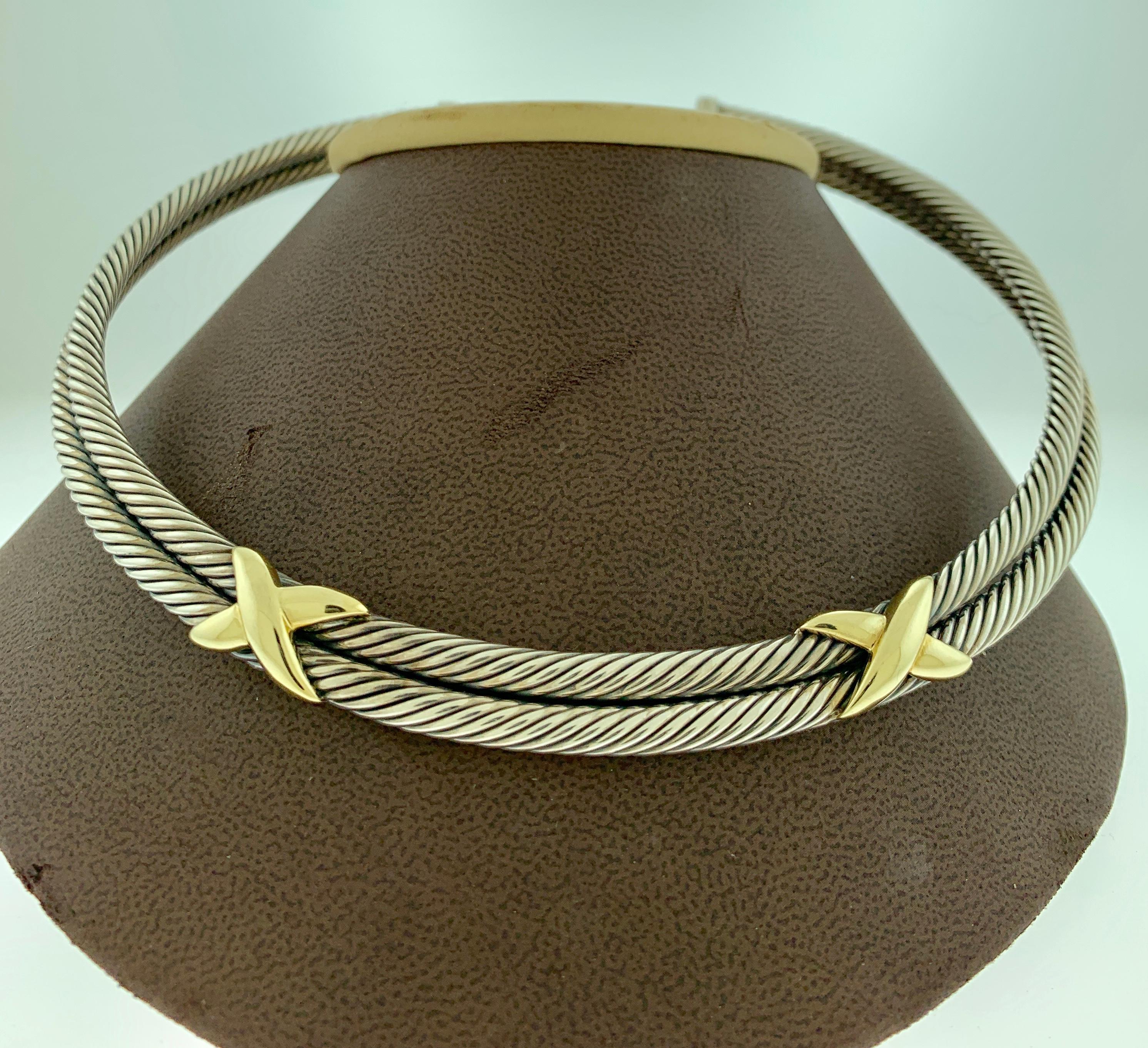  Stunning 
$ 1800 Value
David Yurman Classic  X double Cable Choker Necklace
Two  14K Gold   X 
925 , Sterling  Silver
Color: Gold/Silver
Weight 95 gm
Stamped Hallmarks: David Yurman , 14 K 925
fits medium  to large neck size 
Please look at all the