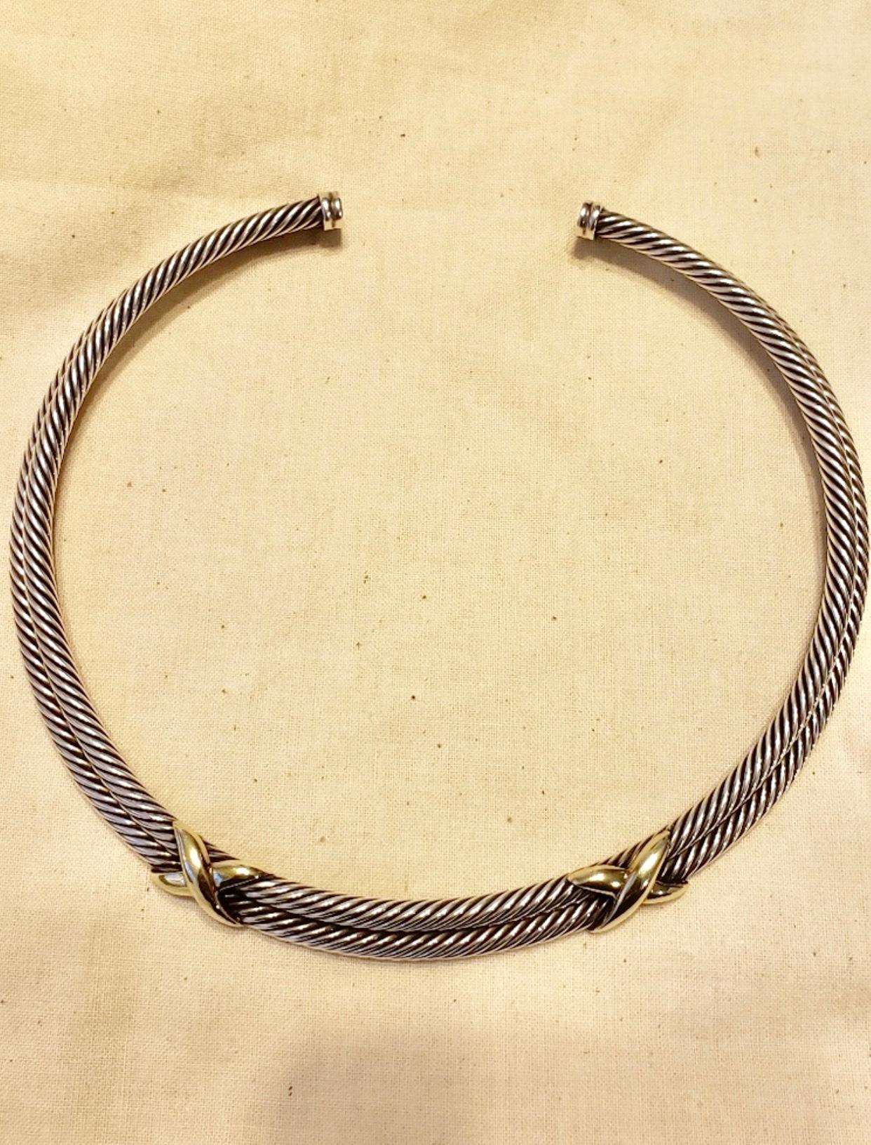David Yurman Classic, Two X, Double Cable Choker Necklace Sterling and 14k Gold In Excellent Condition In New York, NY