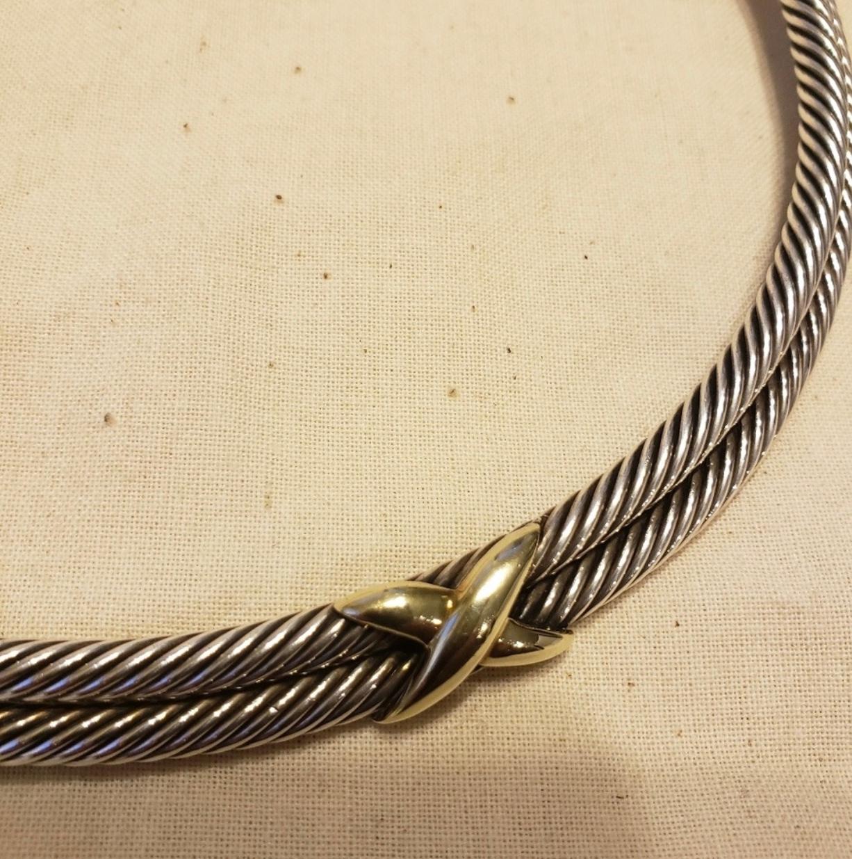 David Yurman Classic, Two X, Double Cable Choker Necklace Sterling and 14k Gold 1