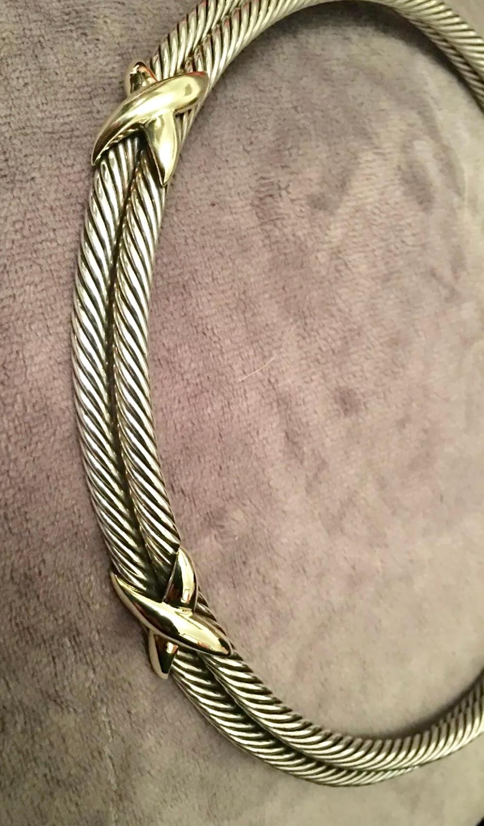 David Yurman Classic, Two X, Double Cable Choker Necklace Sterling and 14k Gold 2