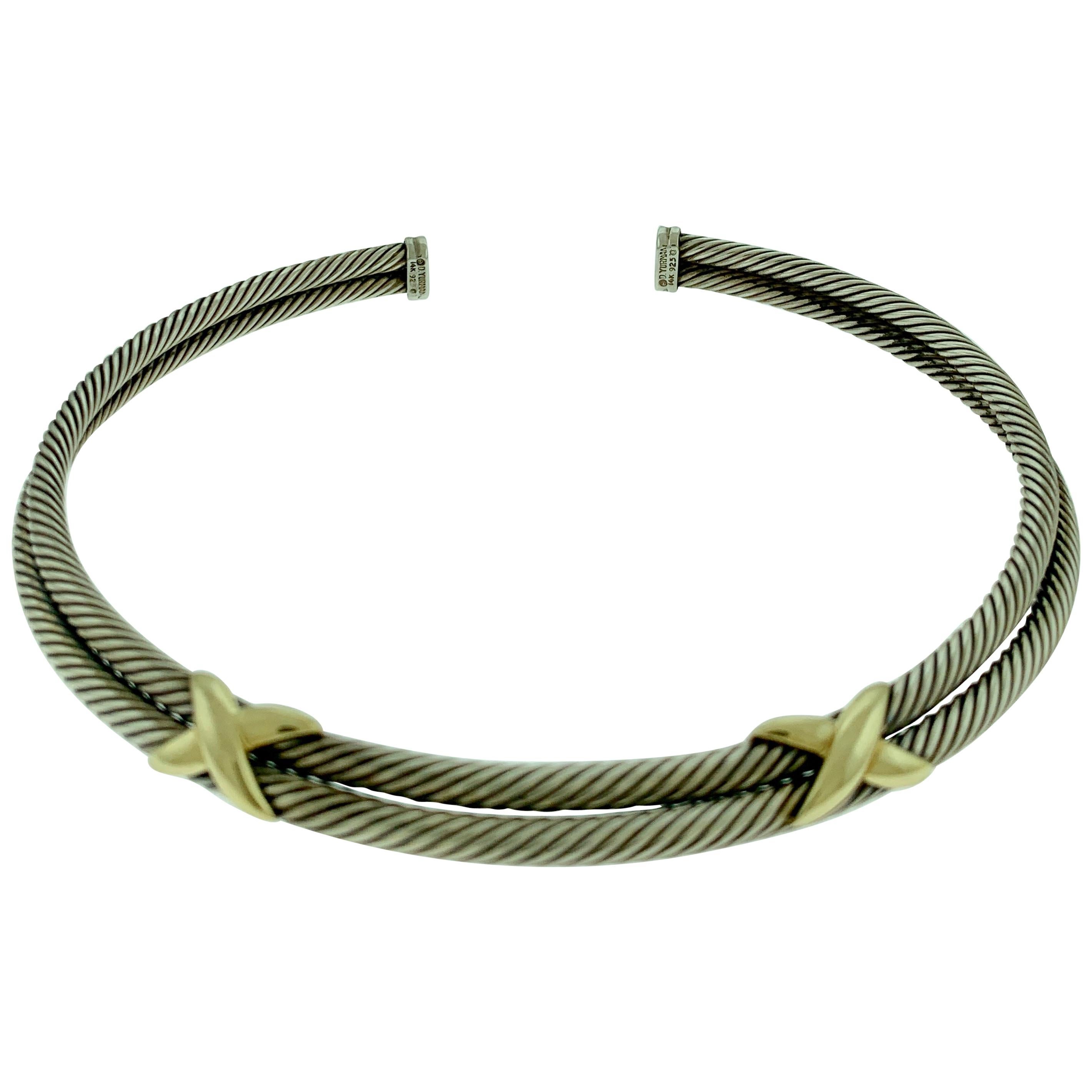 David Yurman Classic, Two X, Double Cable Choker Necklace Sterling and 14k Gold