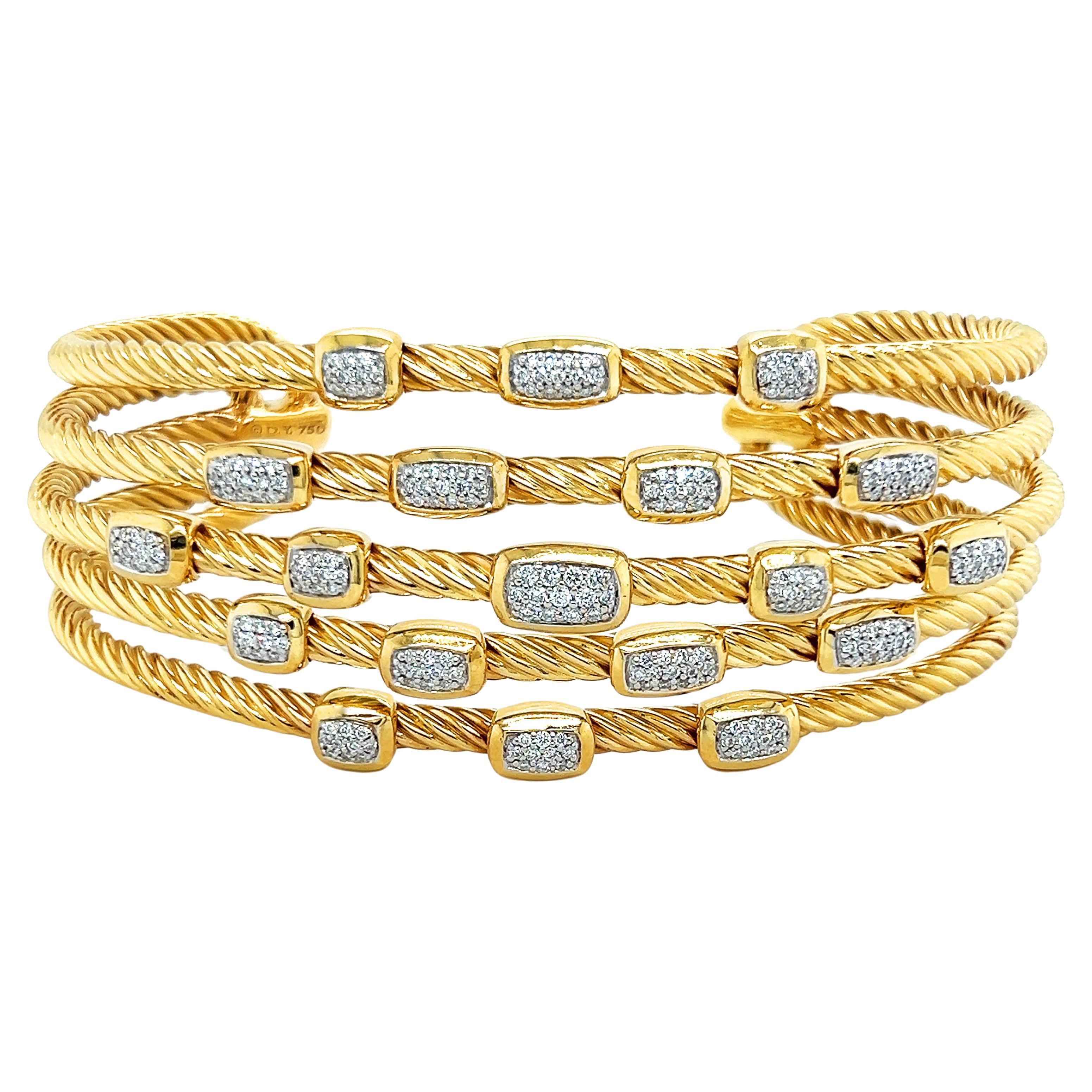 David Yurman Confetti 18K Yellow Gold and Diamond Five Row Cuff Bracelet For Sale