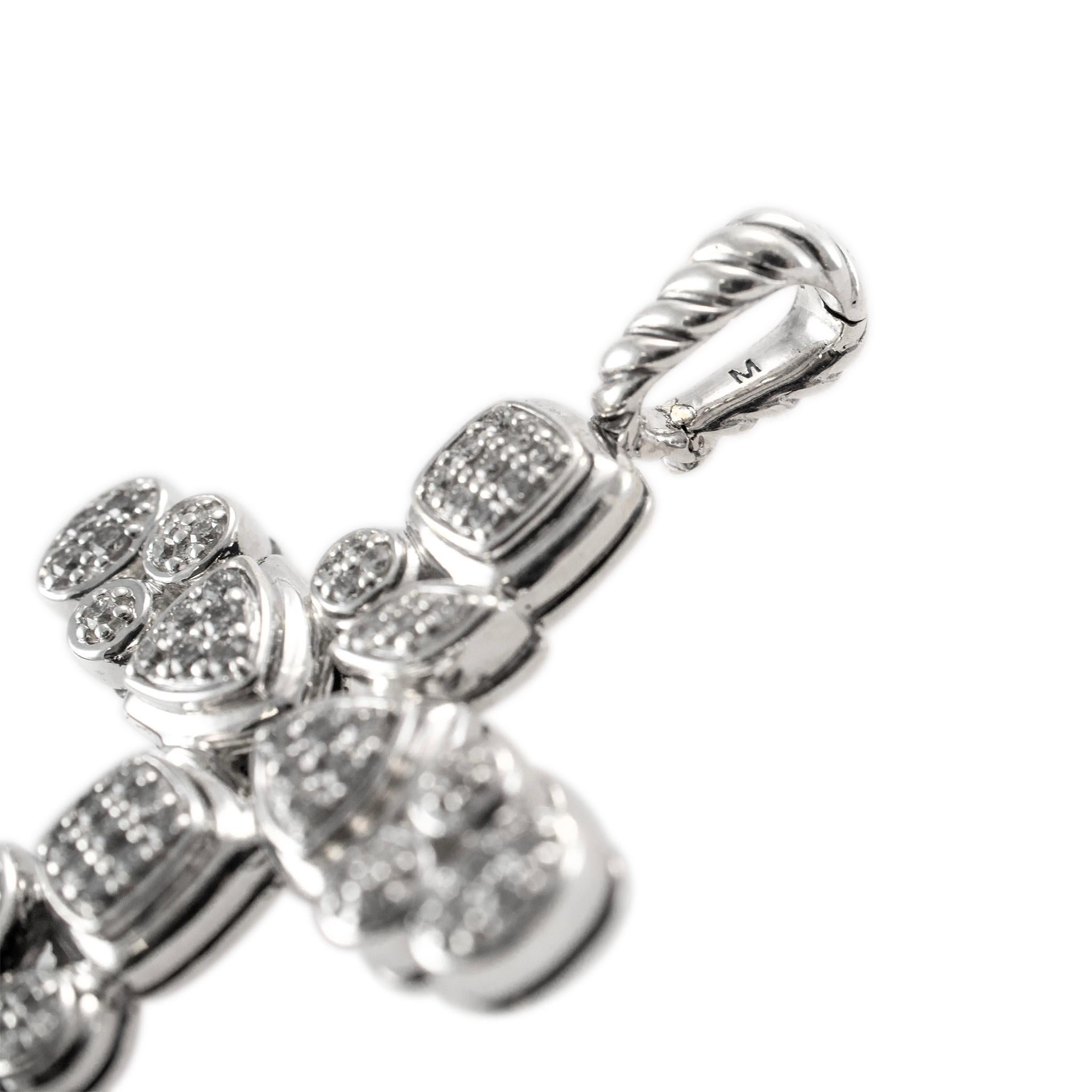 Round Cut David Yurman Confetti 925 Sterling Silver Pave Diamond Cross Pendant