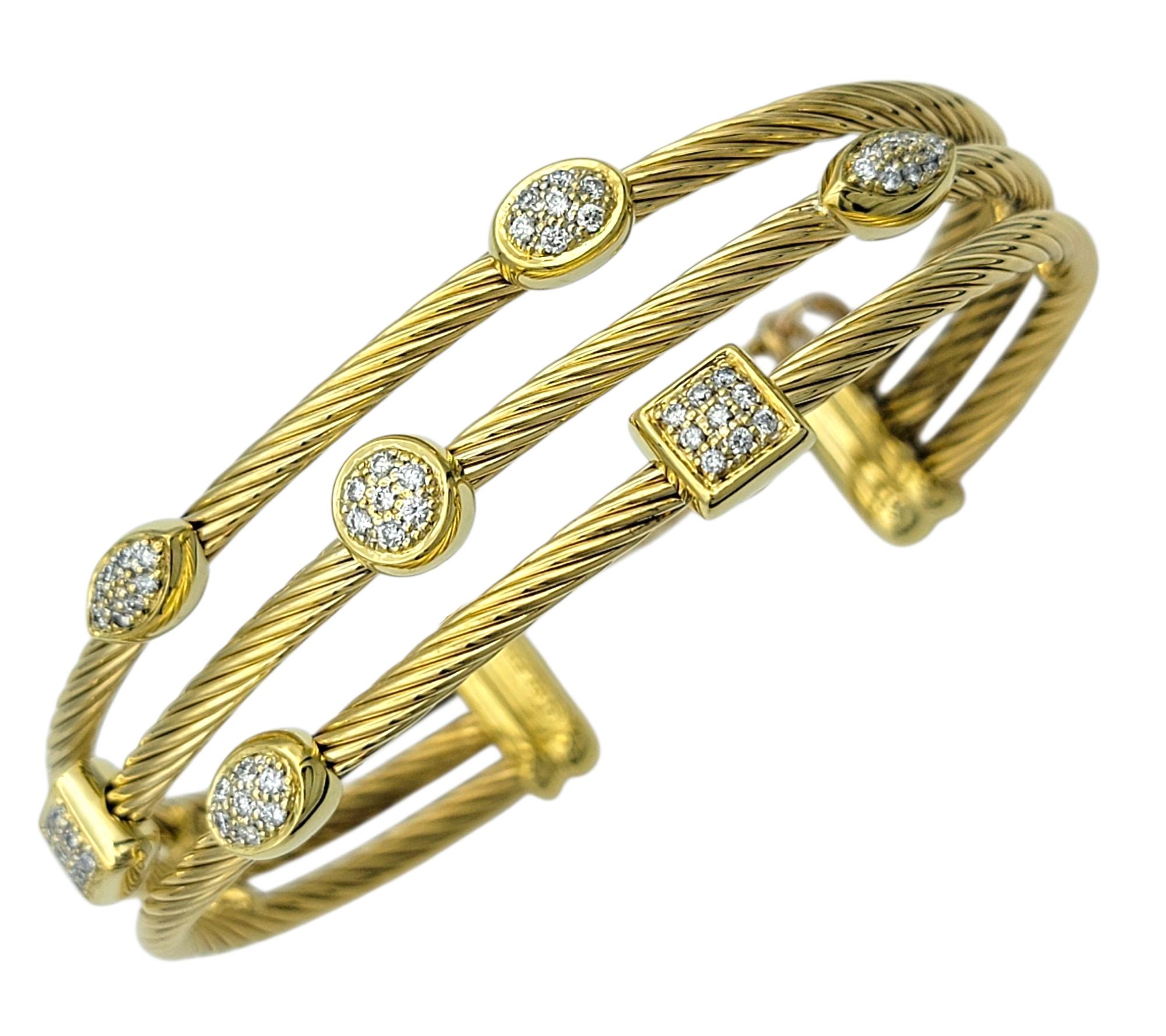 Contemporary David Yurman Confetti Collection Three Row Diamond Cuff Bracelet 18 Karat Gold For Sale