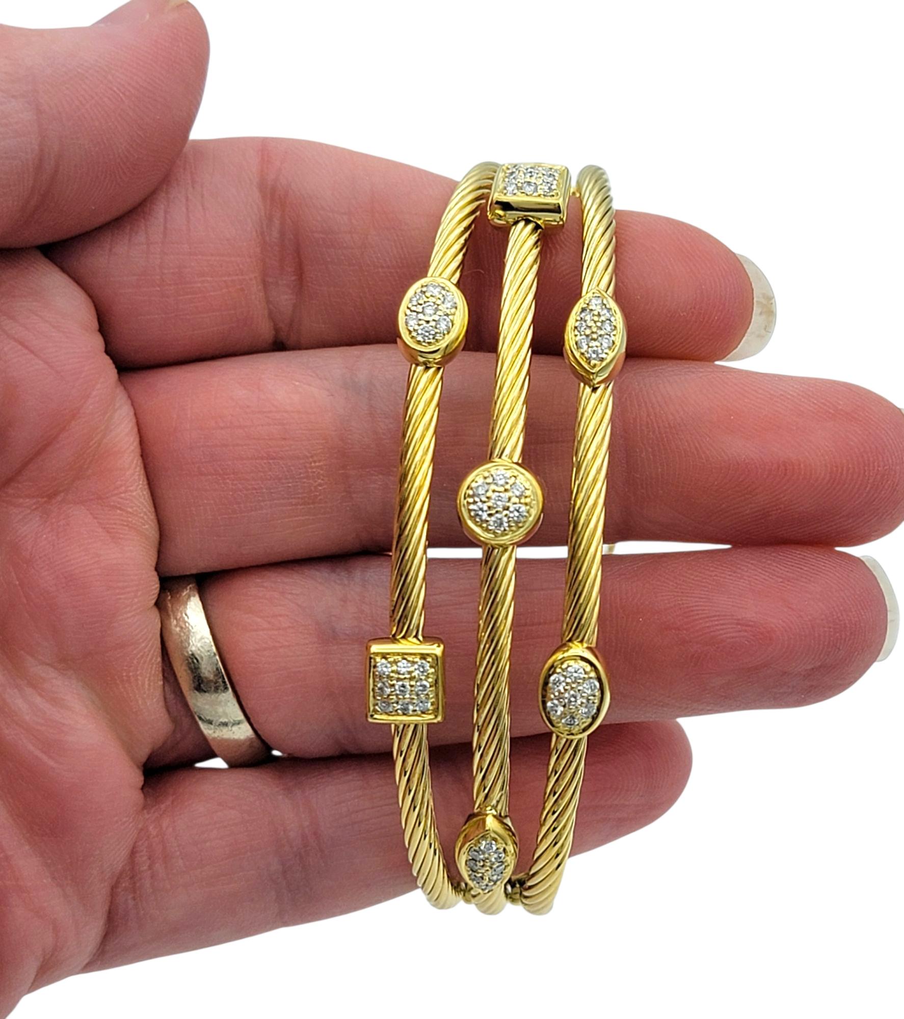 Women's David Yurman Confetti Collection Three Row Diamond Cuff Bracelet 18 Karat Gold For Sale
