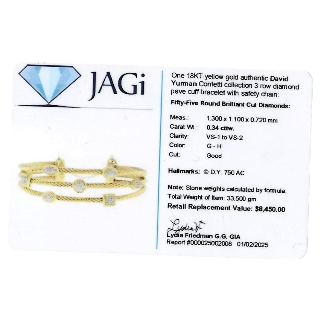 David Yurman Confetti Collection Three Row Diamond Cuff Bracelet 18 Karat Gold For Sale 2