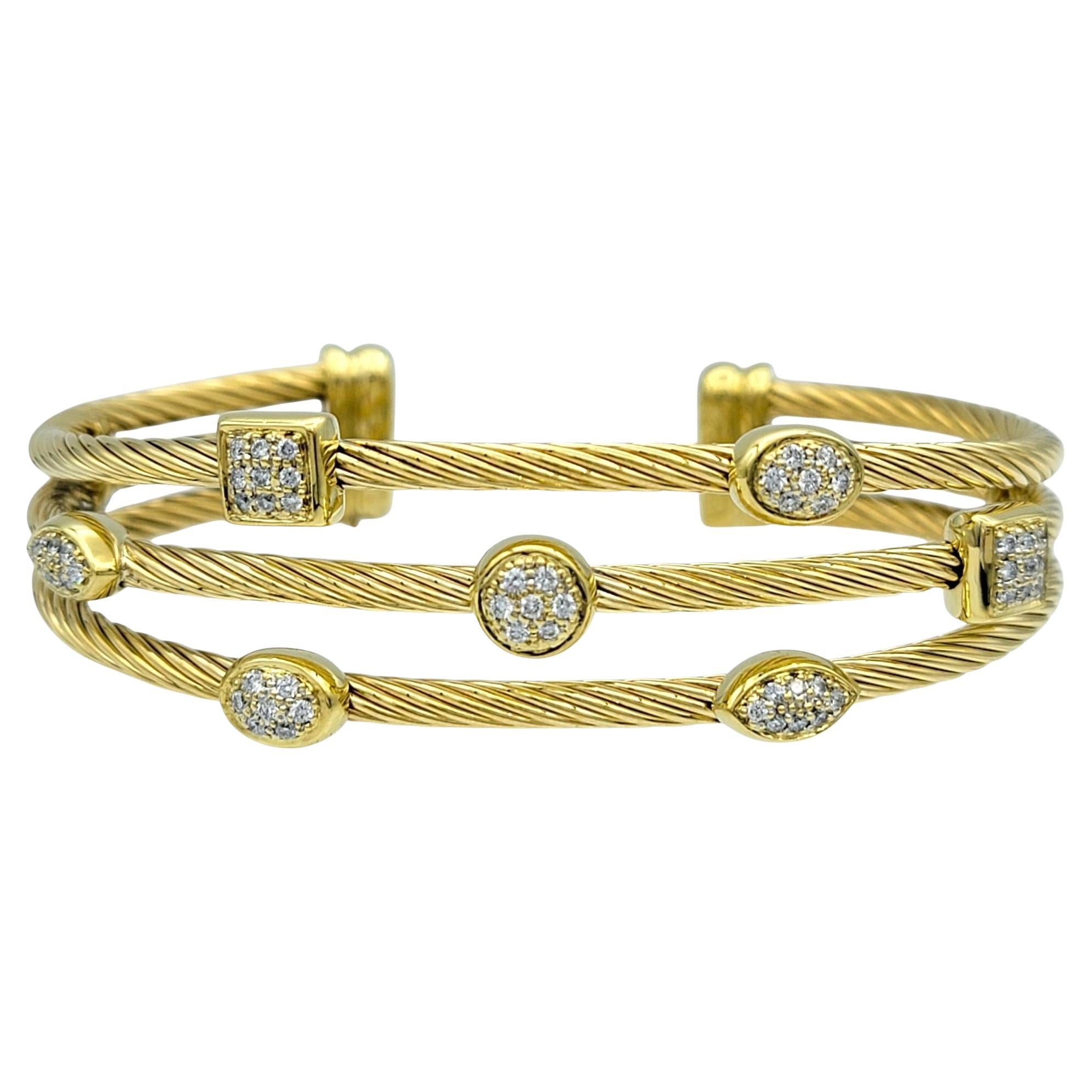 David Yurman Confetti Collection Three Row Diamond Cuff Bracelet 18 Karat Gold