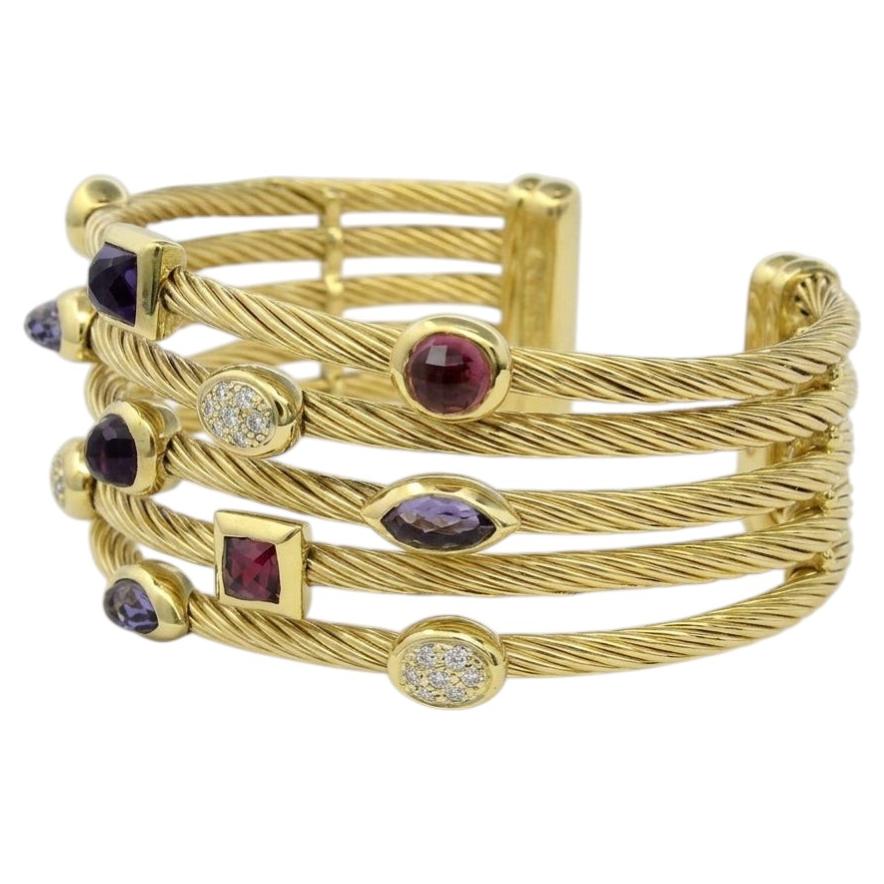 David Yurman Confetti Multi-Gemstone and Diamond 18k Yellow Gold Cuff Bracelet For Sale