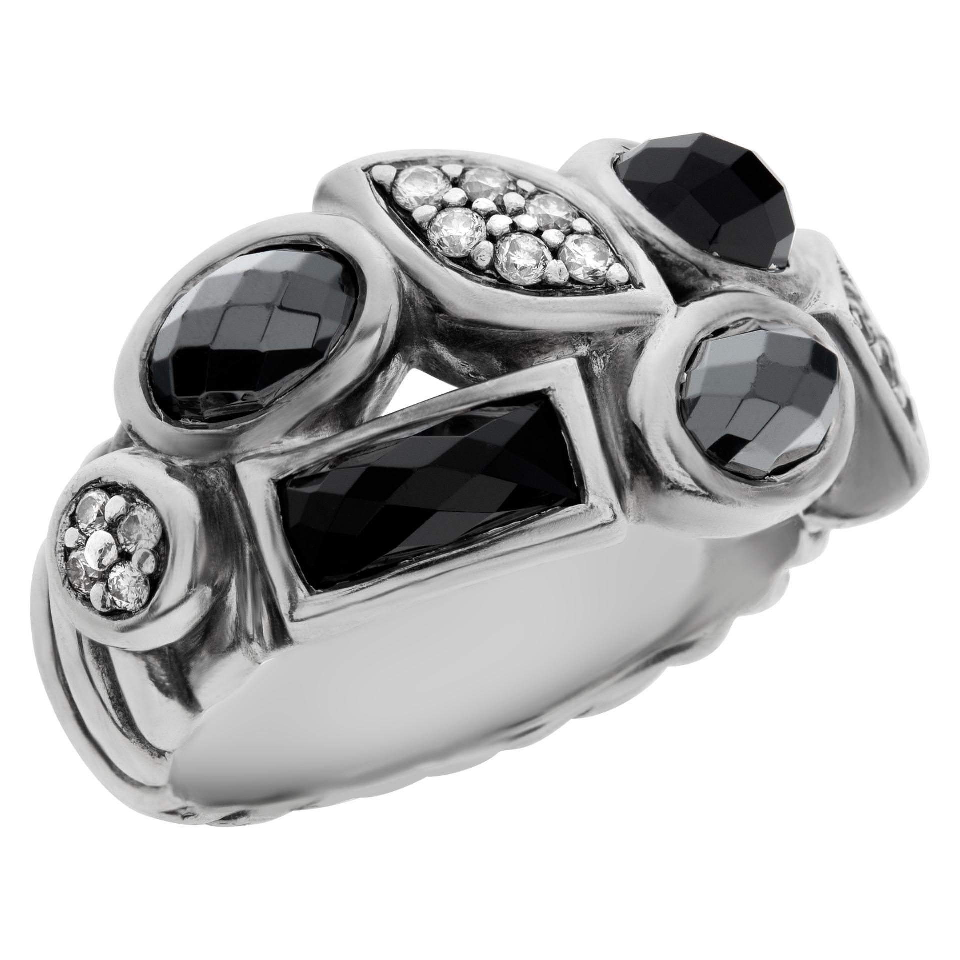 David Yurman Confetti Onyx Hematite and Diamond Double Row Sterling Silver Ring In Excellent Condition For Sale In Surfside, FL