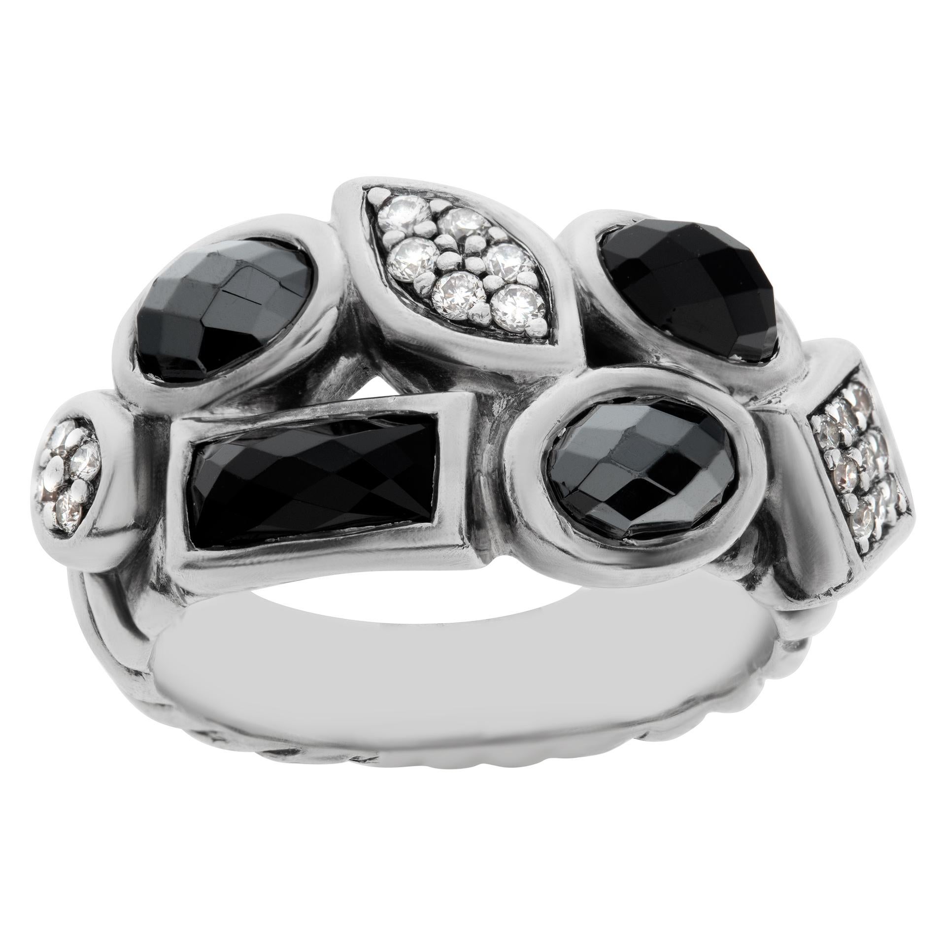 David Yurman Confetti Onyx Hematite and Diamond Double Row Sterling Silver Ring For Sale
