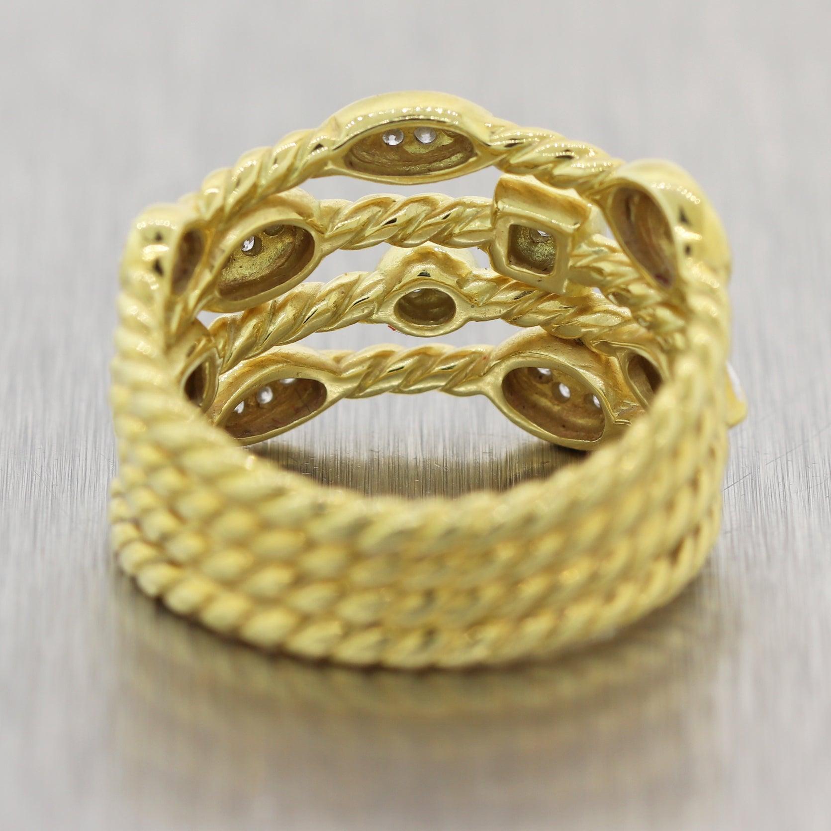 David Yurman’s confetti ring set with diamonds in 18k yellow gold is stunning. David Yurman’s made this rope design a stable in his collection in 2014, and he has incorporated it ever since. The ring has four rows with shapes that have to pave