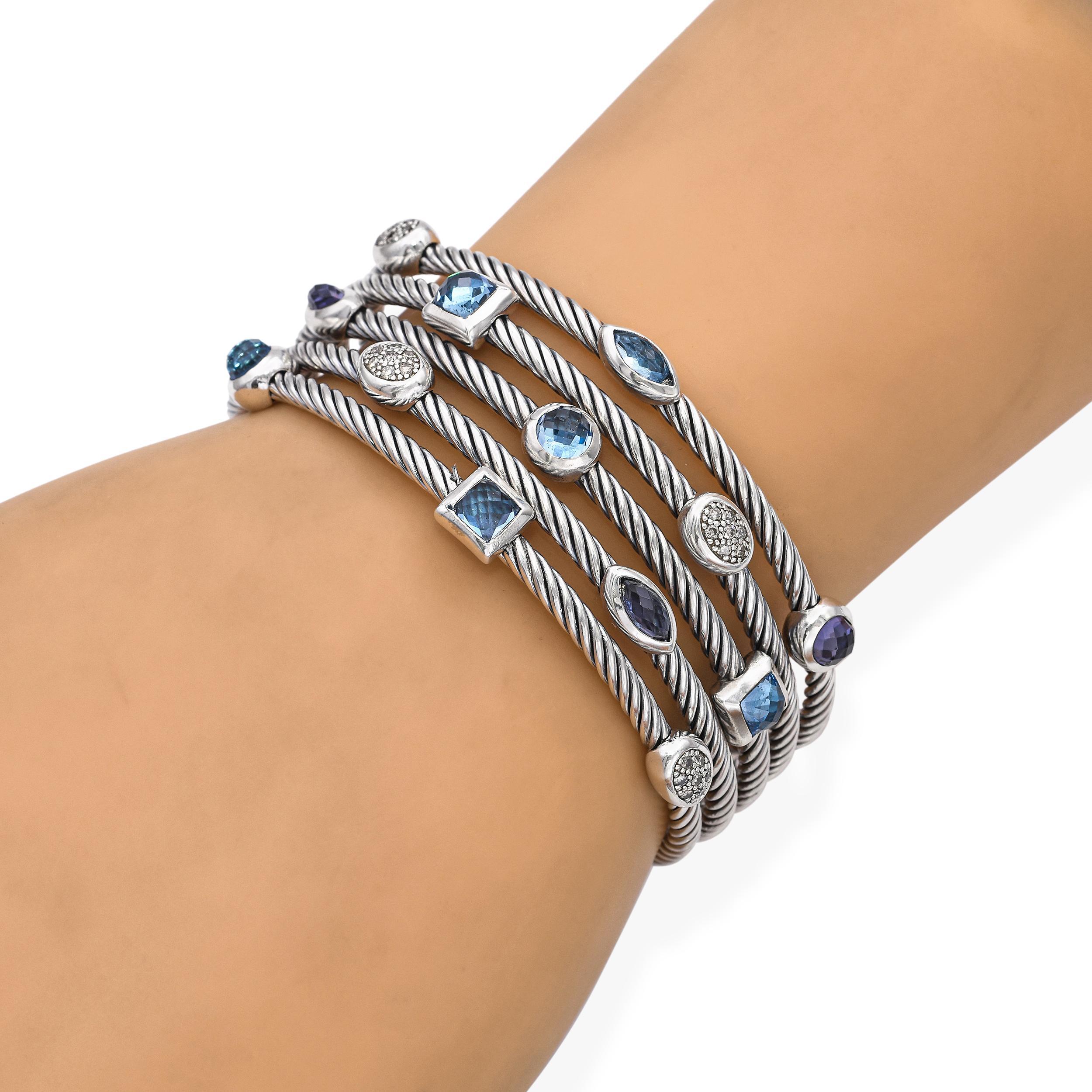 Mixed Cut David Yurman Confetti Three-row Cuff Blue Topaz Iolite and Diamonds Bracelet For Sale