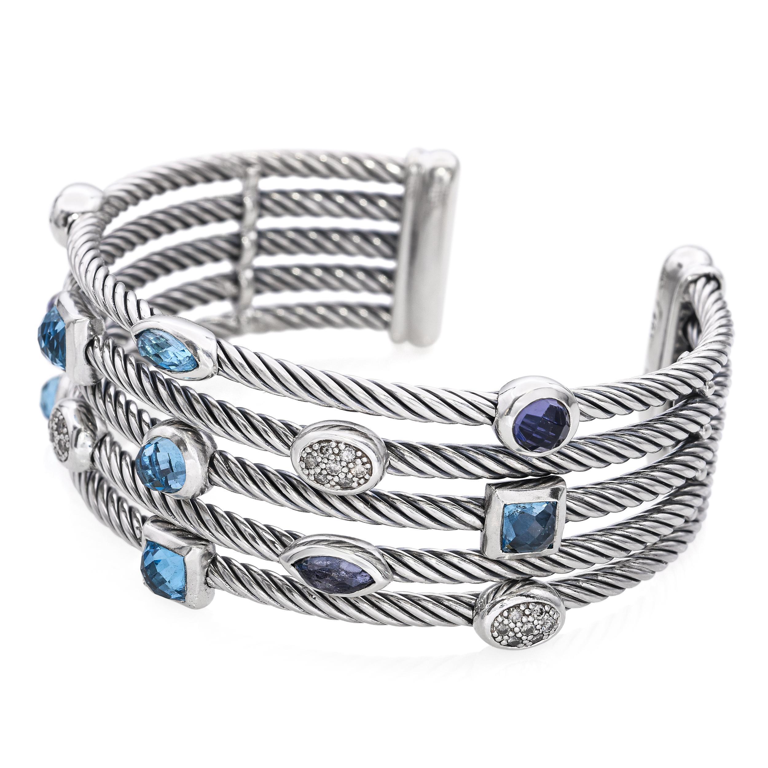 David Yurman Confetti Three-row Cuff Blue Topaz Iolite and Diamonds Bracelet In Good Condition For Sale In New York, NY