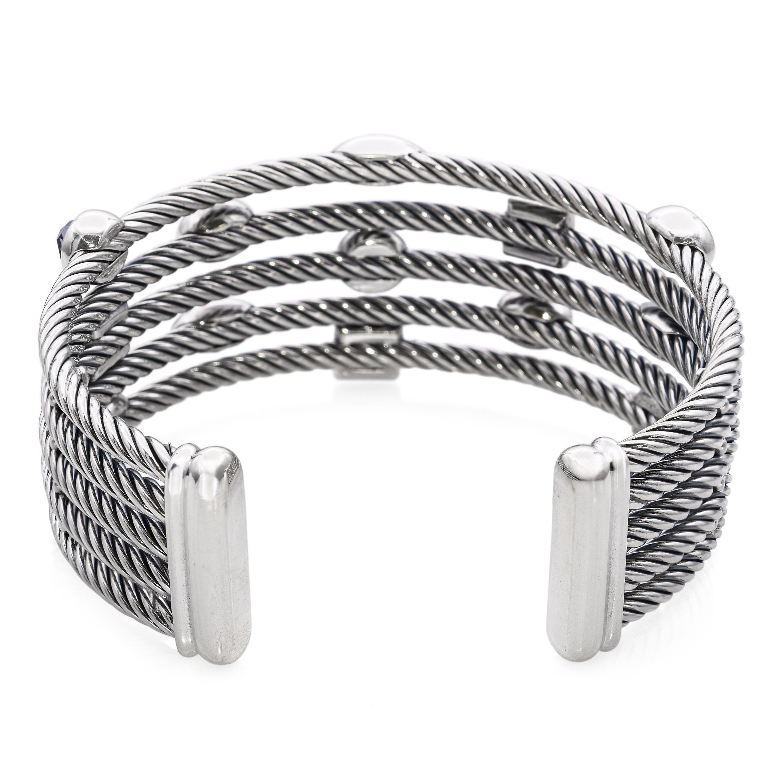 Women's David Yurman Confetti Three-row Cuff Blue Topaz Iolite and Diamonds Bracelet For Sale