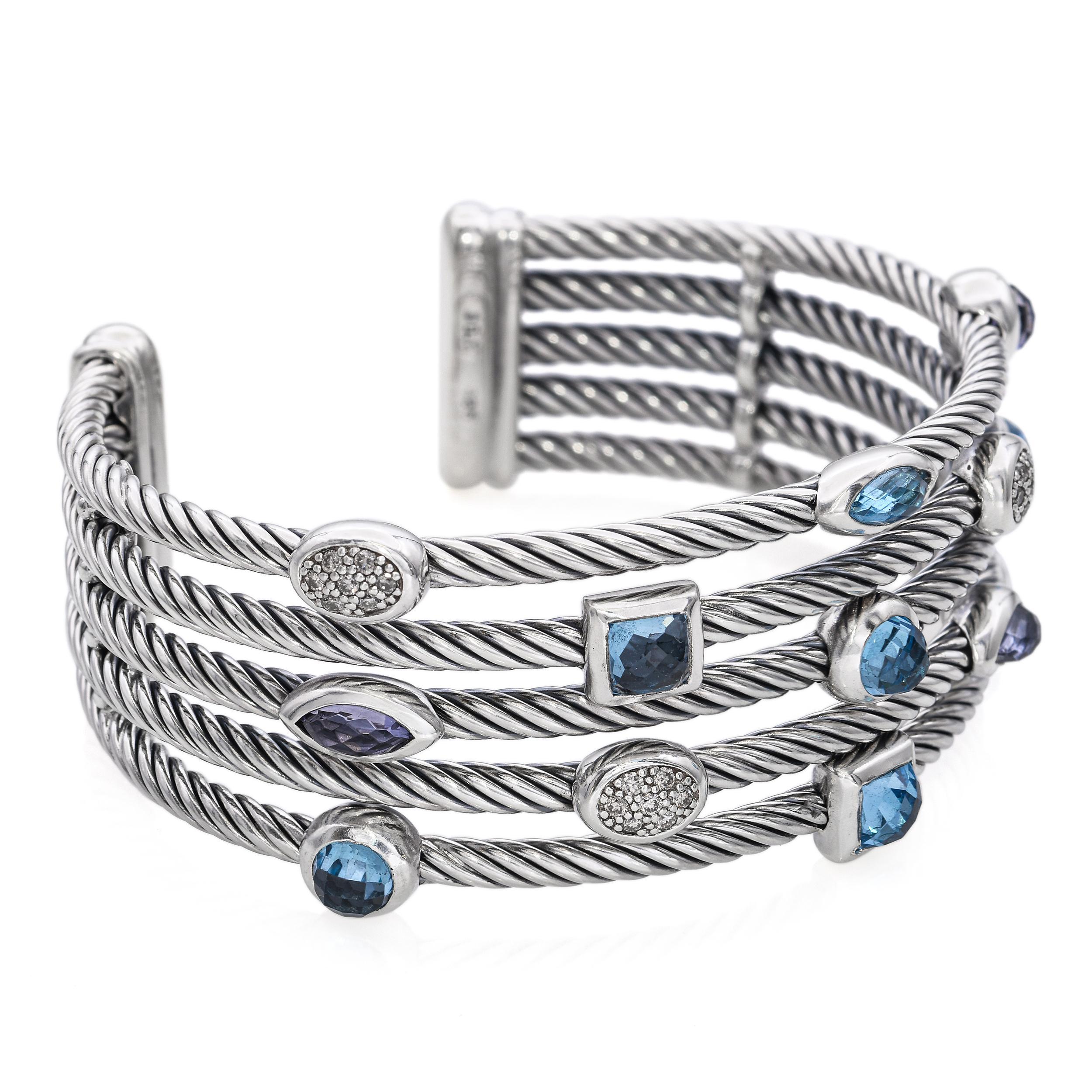 David Yurman Confetti Three-row Cuff Blue Topaz Iolite and Diamonds Bracelet For Sale 1