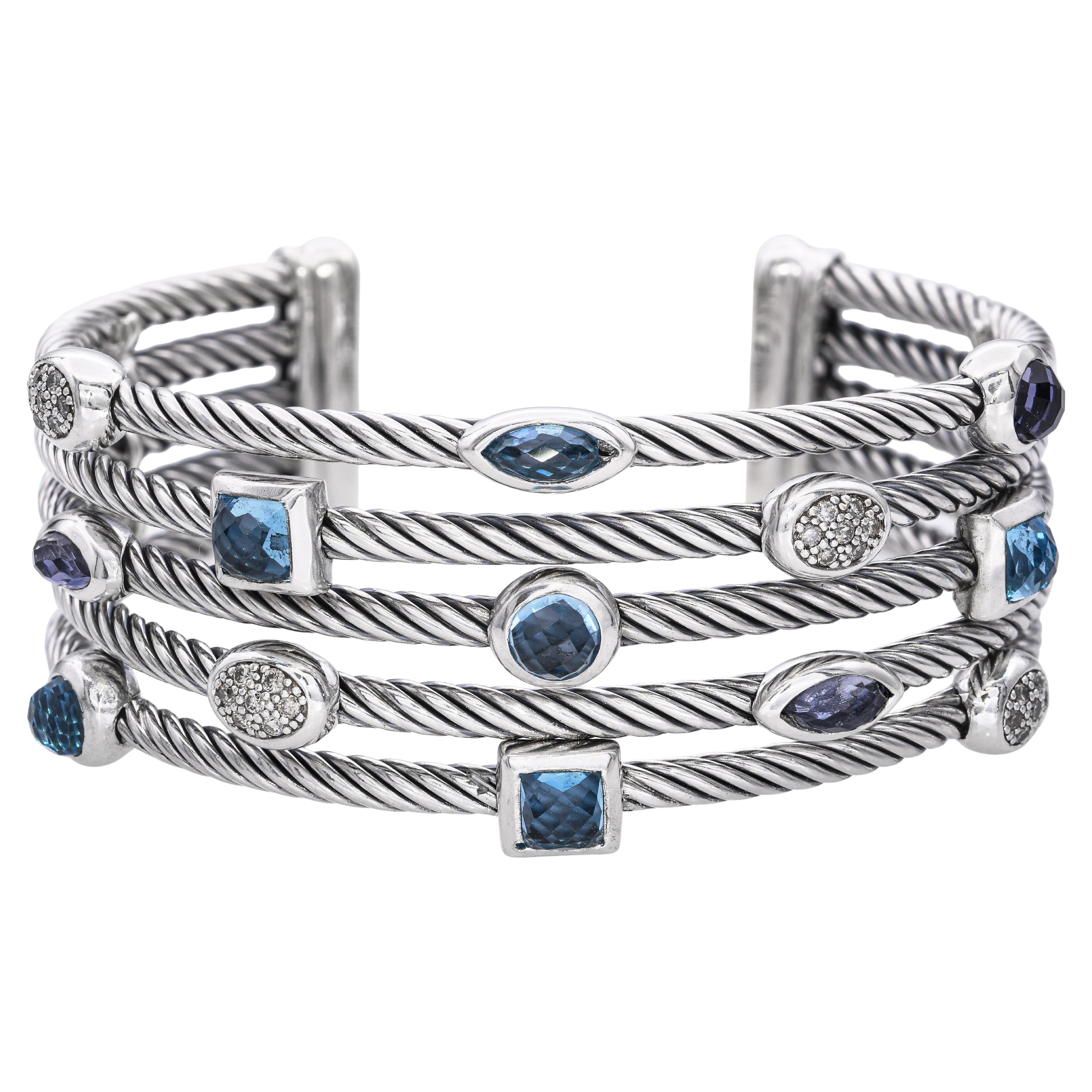 David Yurman Confetti Three-row Cuff Blue Topaz Iolite and Diamonds Bracelet For Sale