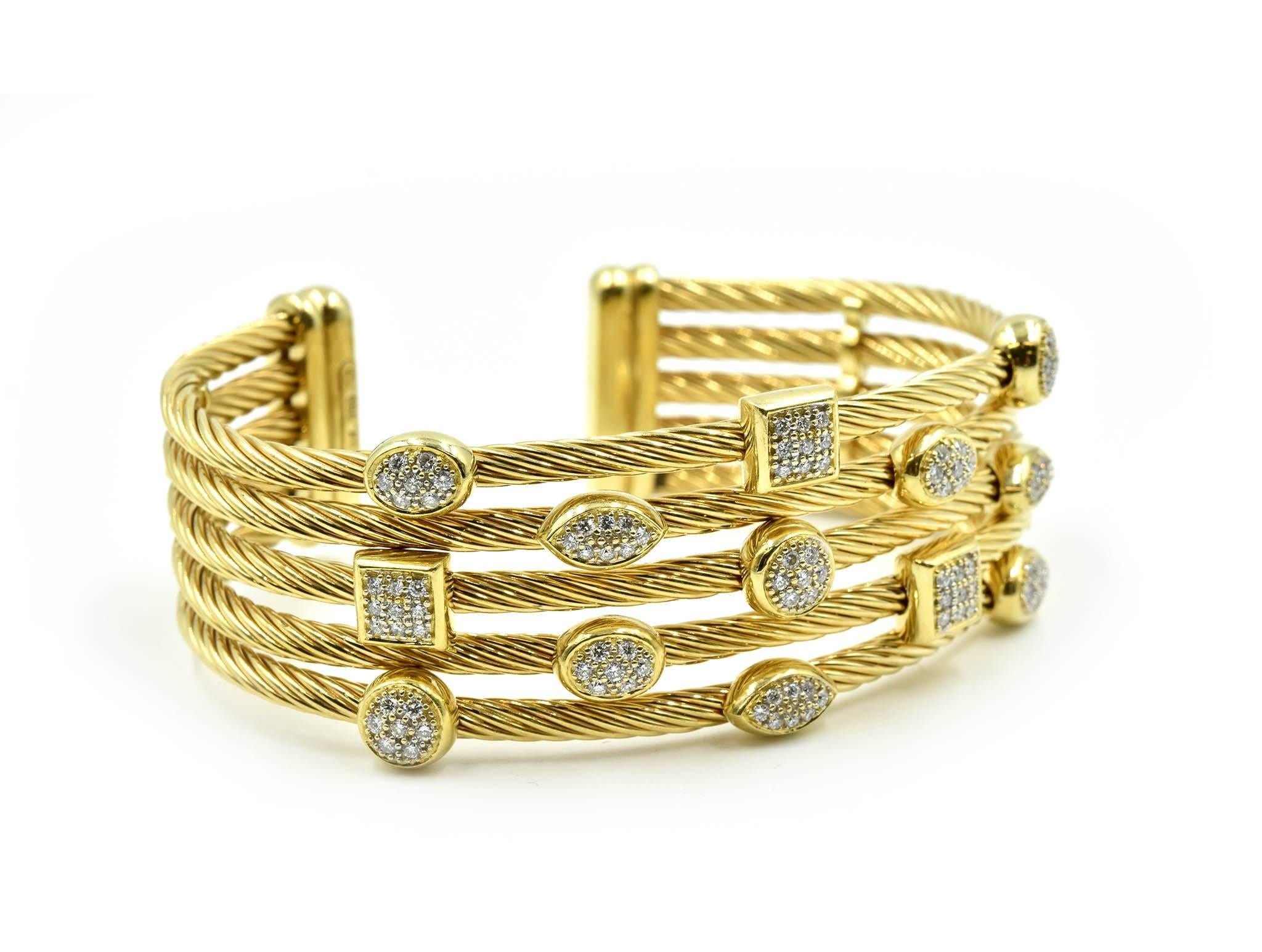 Designer: David Yurman
Collection: Confetti
Material: 18k yellow gold
Diamonds: 100 round brilliant cuts = 0.55 carat total weight
Dimensions: cuff bracelet will fit a 6 1/2-inch wrist, the top of the cuff is 1-inch long
Weight: 58.28 grams
Retail: