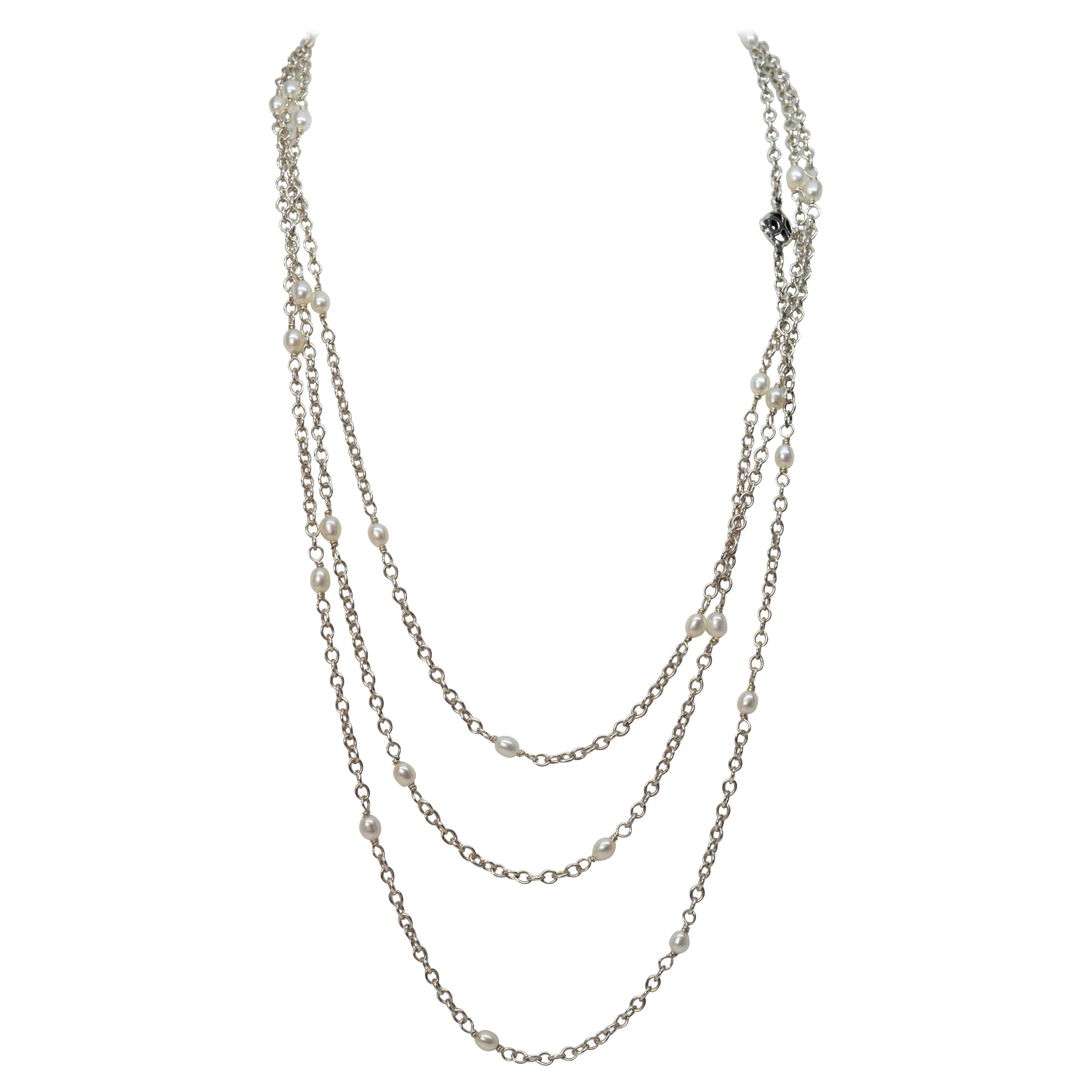 David Yurman Continuance Sterling Silver Pearl Chain Necklace For Sale