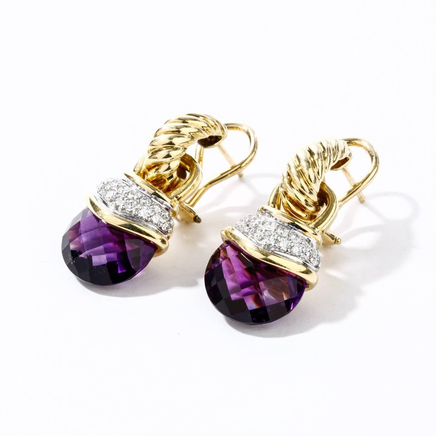 These 18k yellow gold and sterling silver David Yurman drop earrings are set with amethysts and diamonds. They are convertible. When the amethyst and diamond drop portions are removed, you are left with two pendants and gold cable huggies (small
