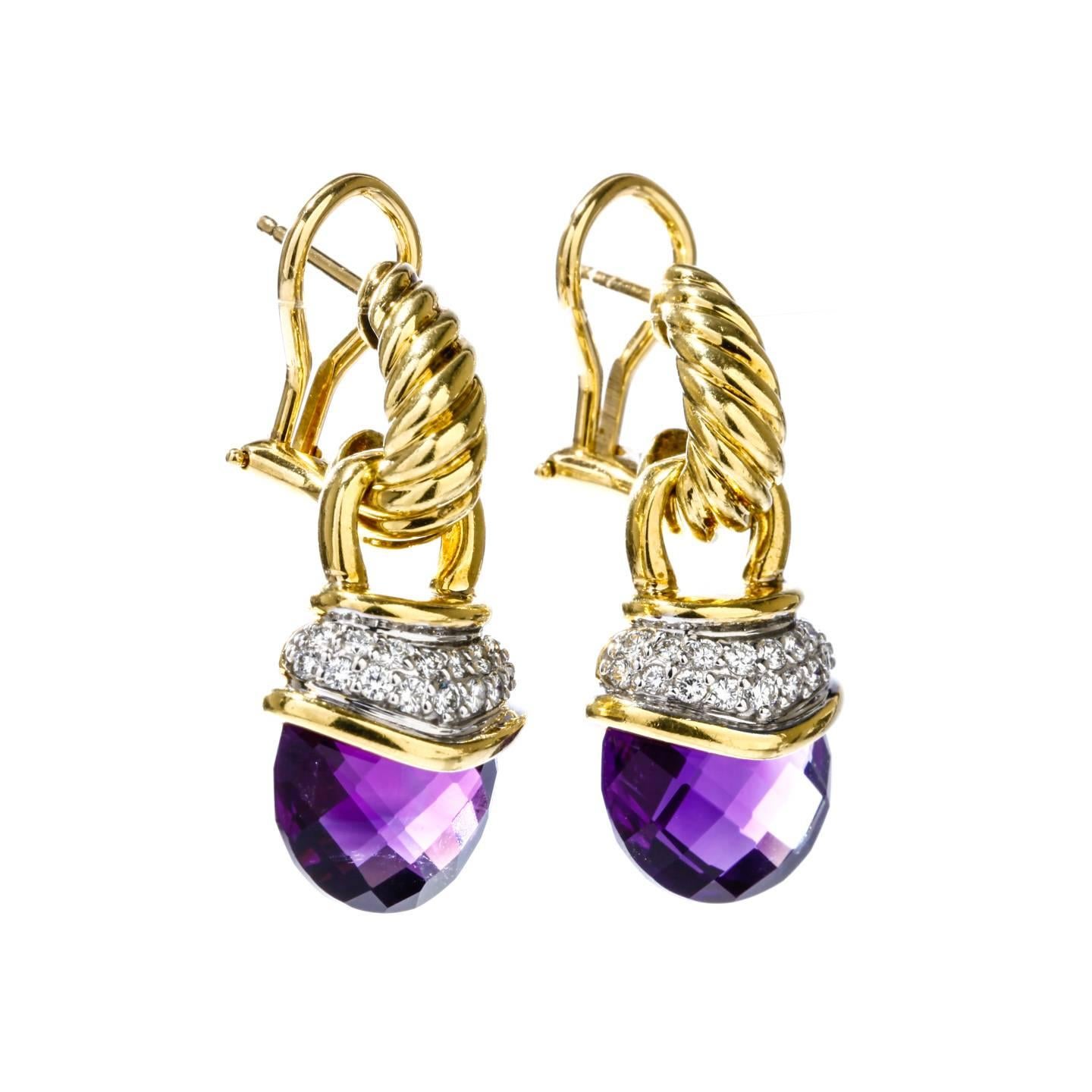 David Yurman Convertible Drop Earrings Amethyst 18 Kara Gold Silver Diamonds In New Condition For Sale In Houston, TX