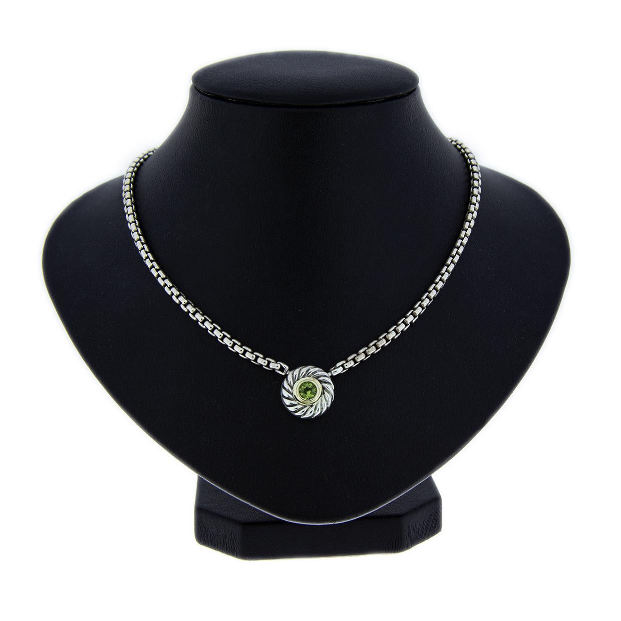 David Yurman Silver & Gold Round Cut Peridot Cookie Pendant Necklace In Excellent Condition In Columbia, MO