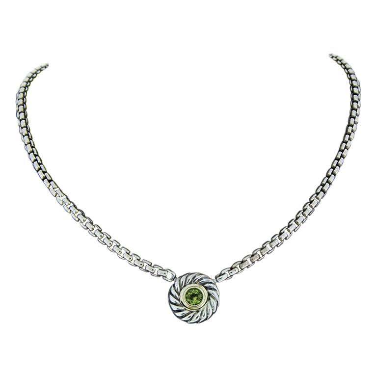 David Yurman Silver & Gold Round Cut Peridot Cookie Pendant Necklace